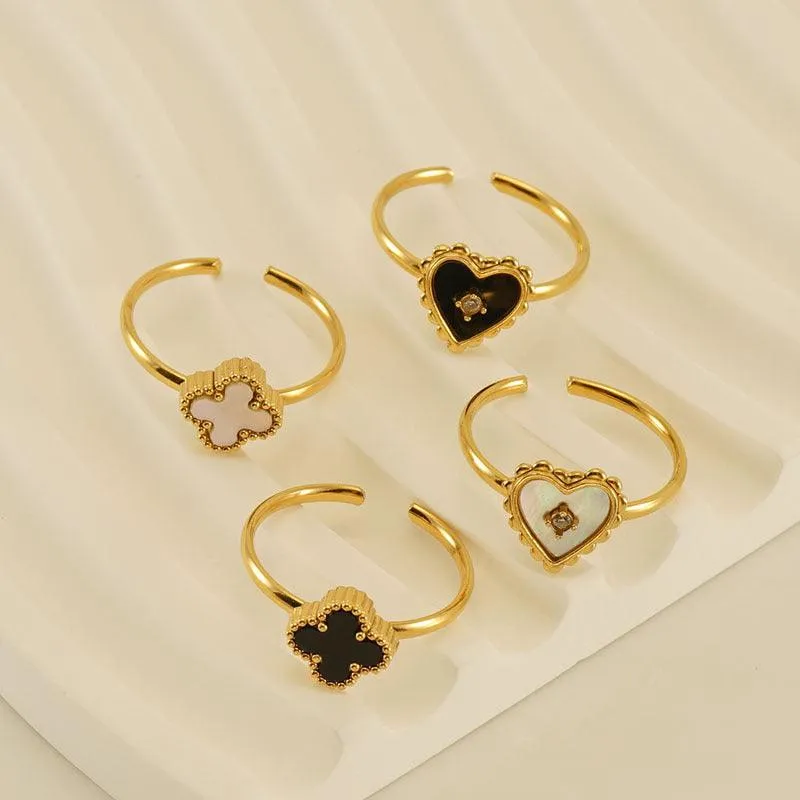 18K Gold-Plated Adjustable Rings with Black Acrylic and Shell Inlays