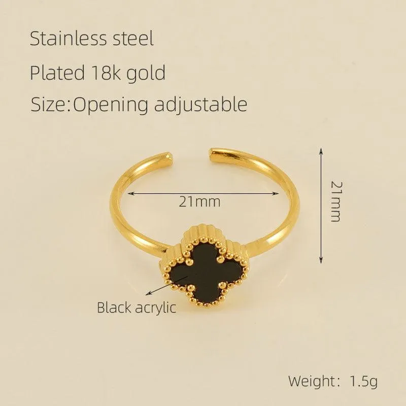 18K Gold-Plated Adjustable Rings with Black Acrylic and Shell Inlays