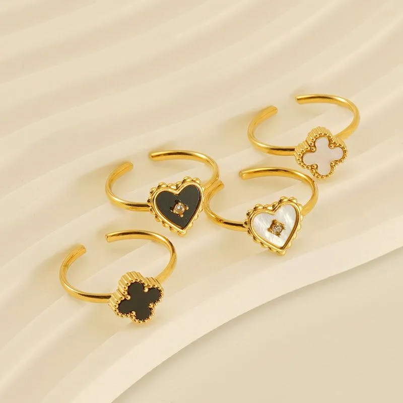 18K Gold-Plated Adjustable Rings with Black Acrylic and Shell Inlays