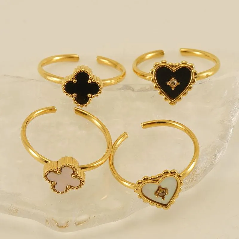 18K Gold-Plated Adjustable Rings with Black Acrylic and Shell Inlays