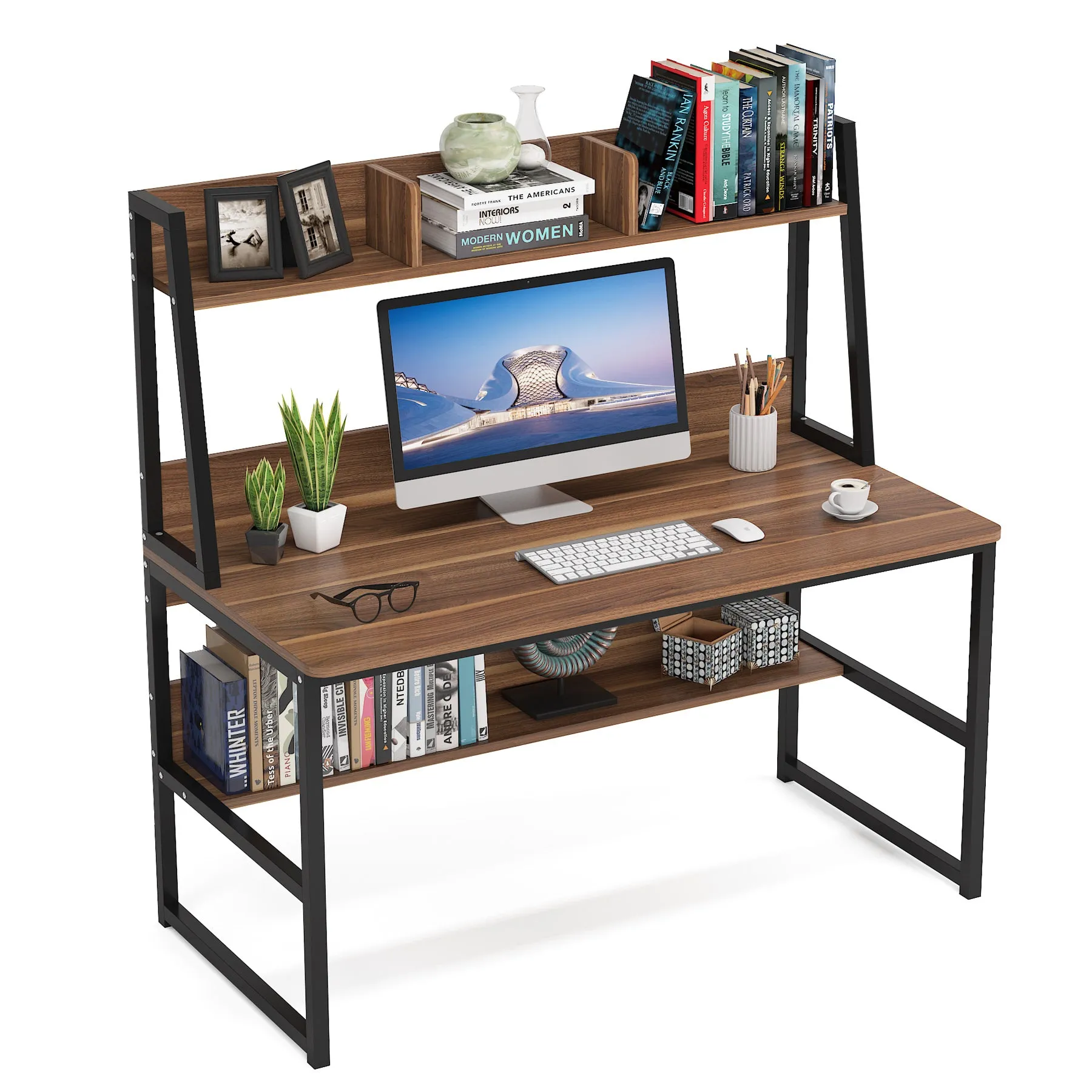 47" Computer Desk, Heavy Duty Writing Desk with Hutch & Bookshelf