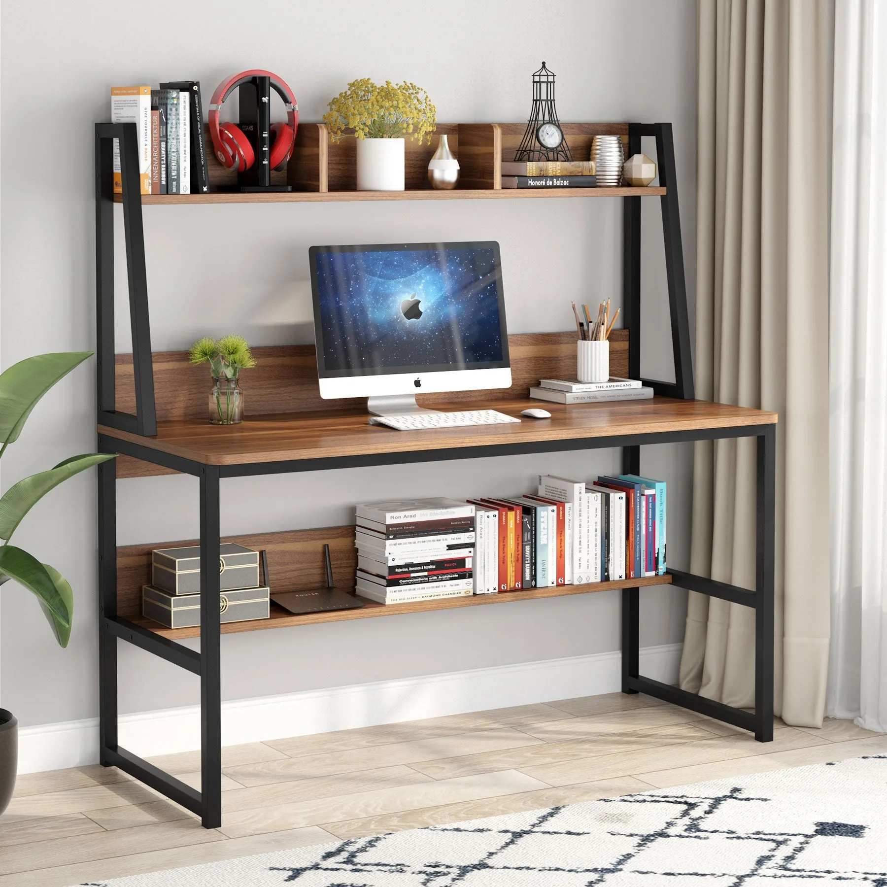 47" Computer Desk, Heavy Duty Writing Desk with Hutch & Bookshelf