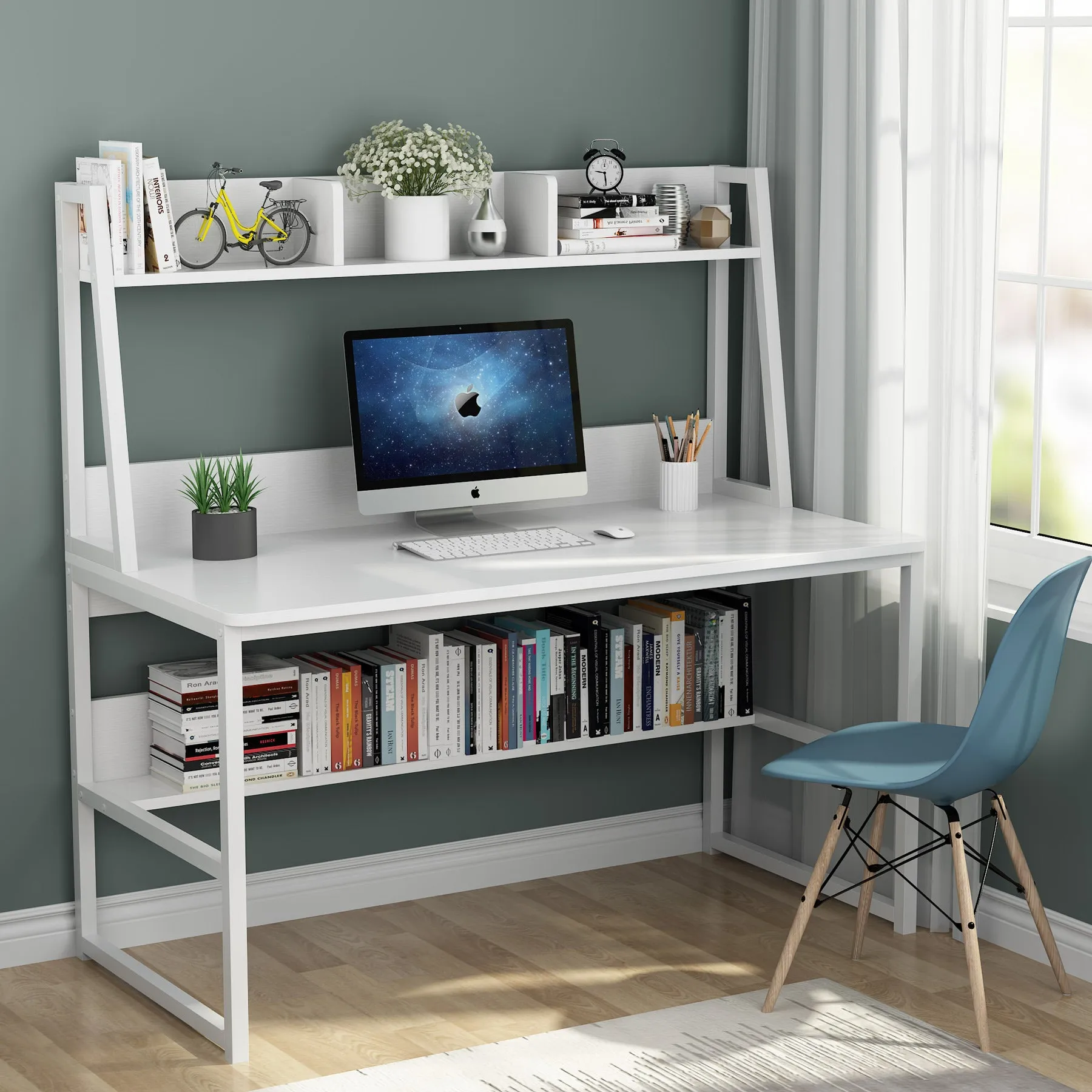 47" Computer Desk, Heavy Duty Writing Desk with Hutch & Bookshelf