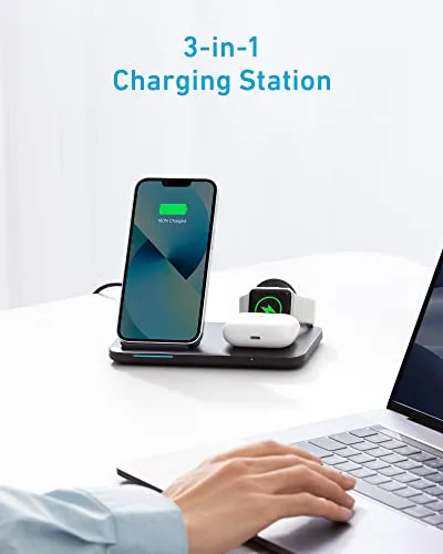 Anker Foldable 3-in-1 Wireless Charging Station with Adapter, Wireless Charger (Works with Original 1m/3.3ft USB-A Cable, Not Included)