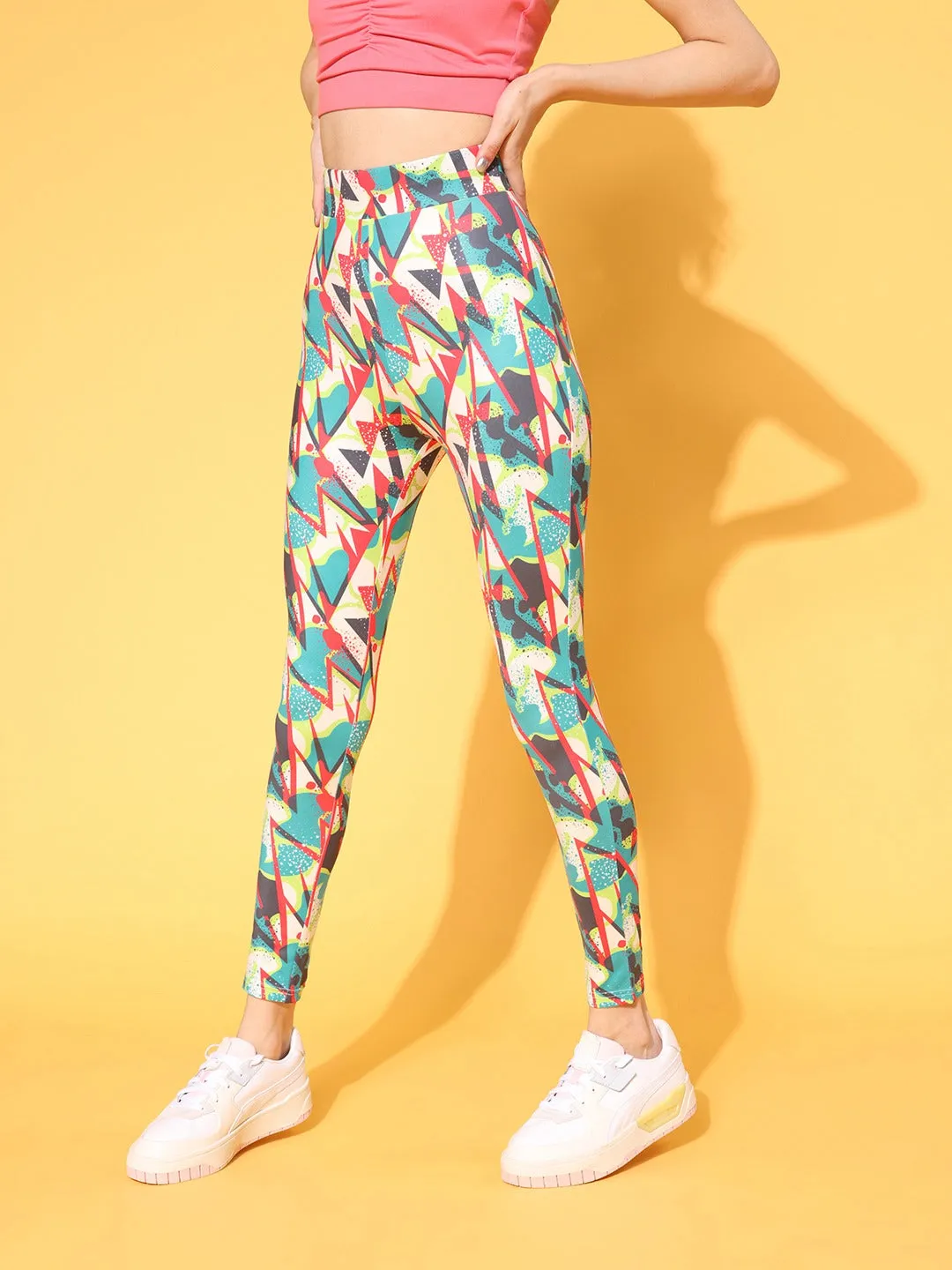 Berrylush Women Multicoloured Abstract Printed Super Stretchy & High Waisted Sports Tights