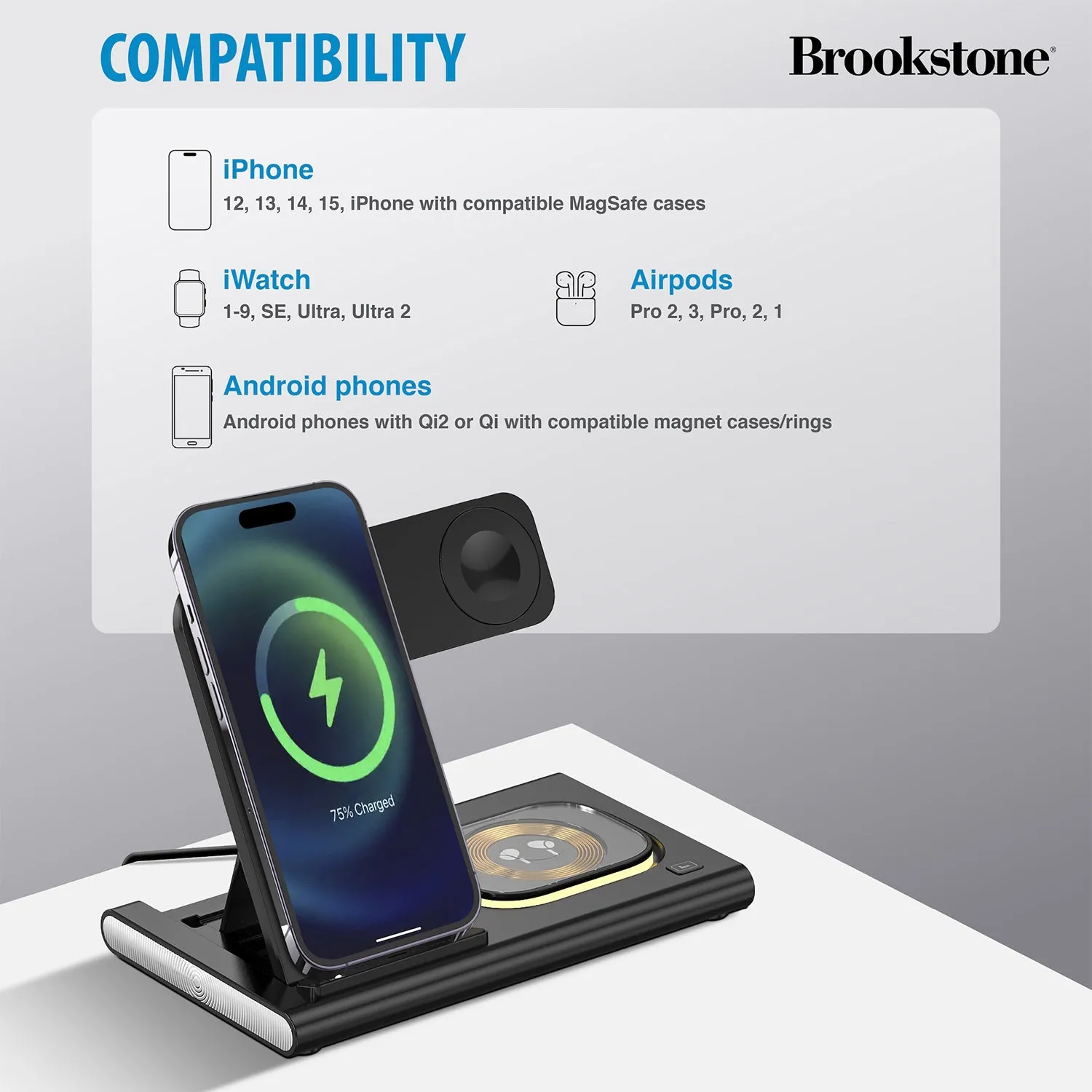 Brookstone 3-in-1 Wireless Charging Station for Apple iPhone, AirPods, and Apple Watch