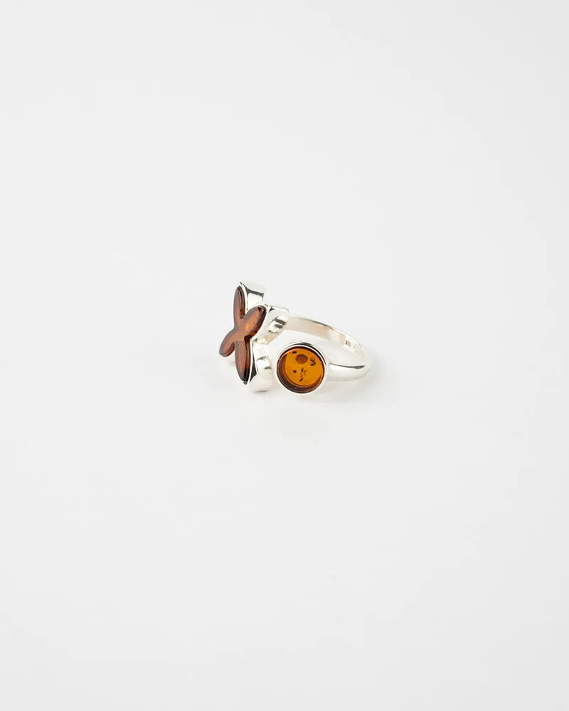 Elegant Simple Butterfly Circle Adjustable Ring with Amber & Sterling Silver