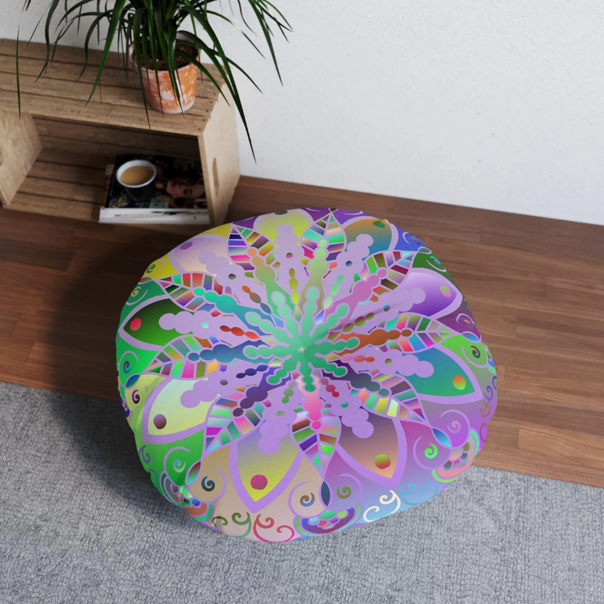 Hand Drawn Mandala Art Floor Cushion - Turquoise Background