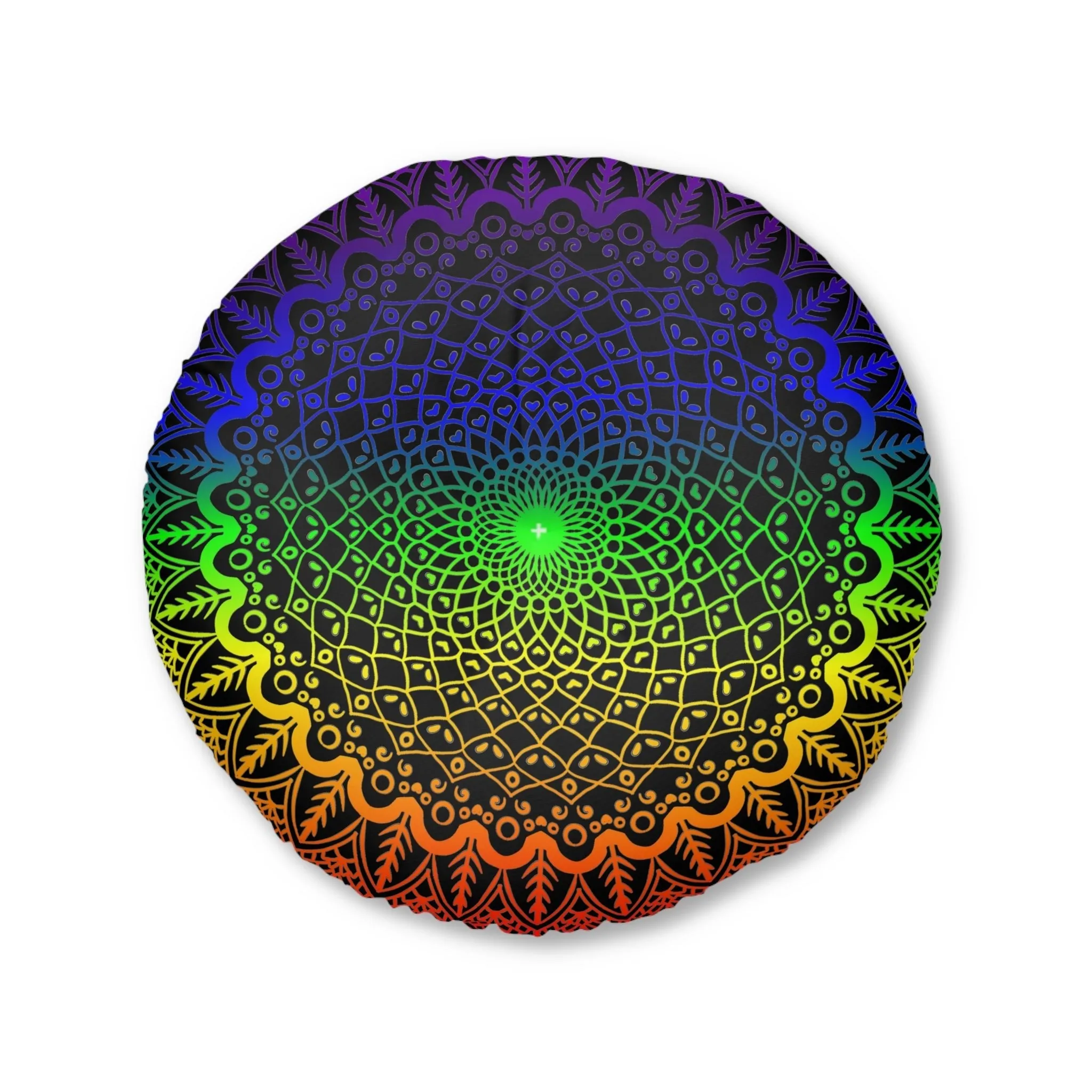 Handmade Mandala Art Floor Cushion - Rainbow on Black - Tufted Round