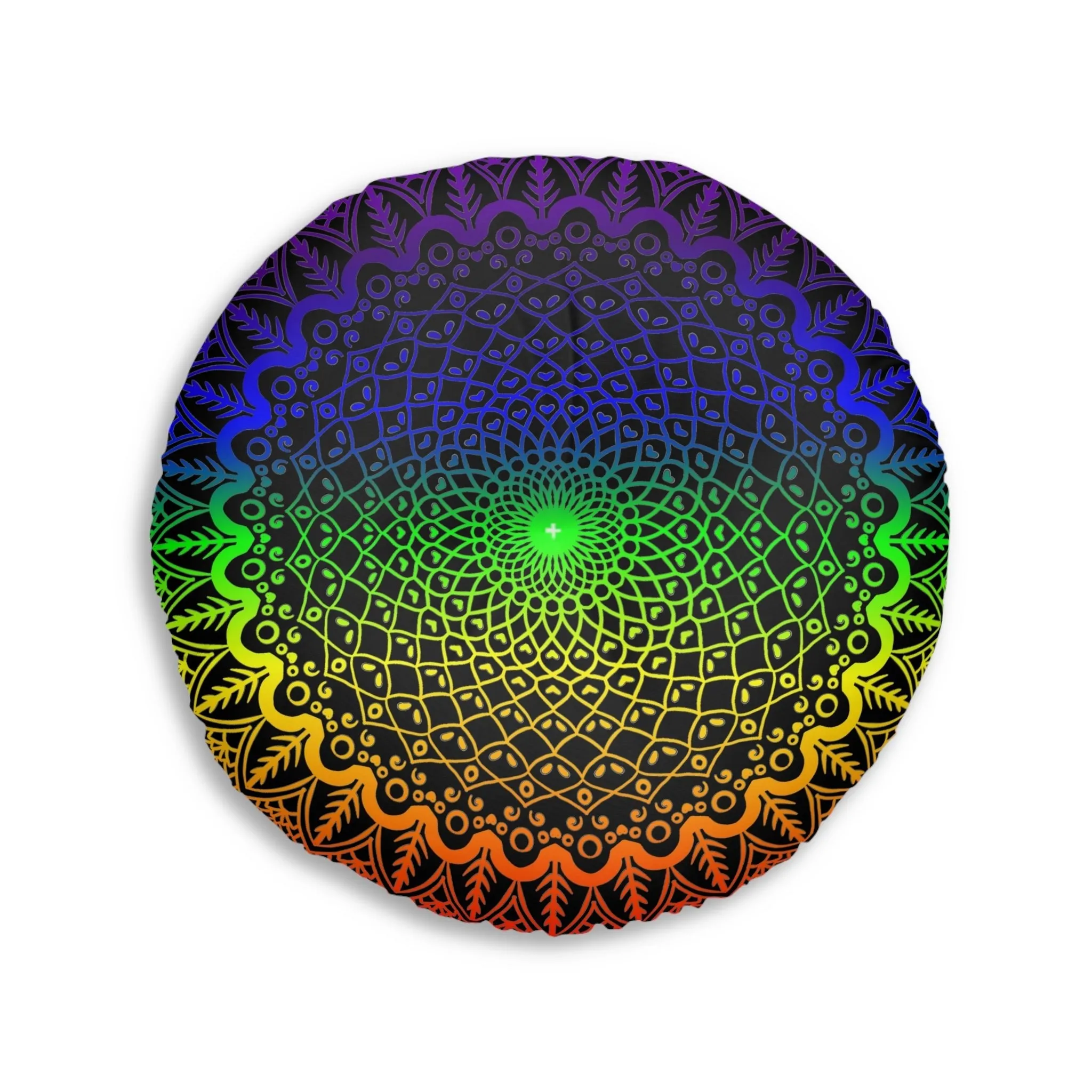 Handmade Mandala Art Floor Cushion - Rainbow on Black - Tufted Round