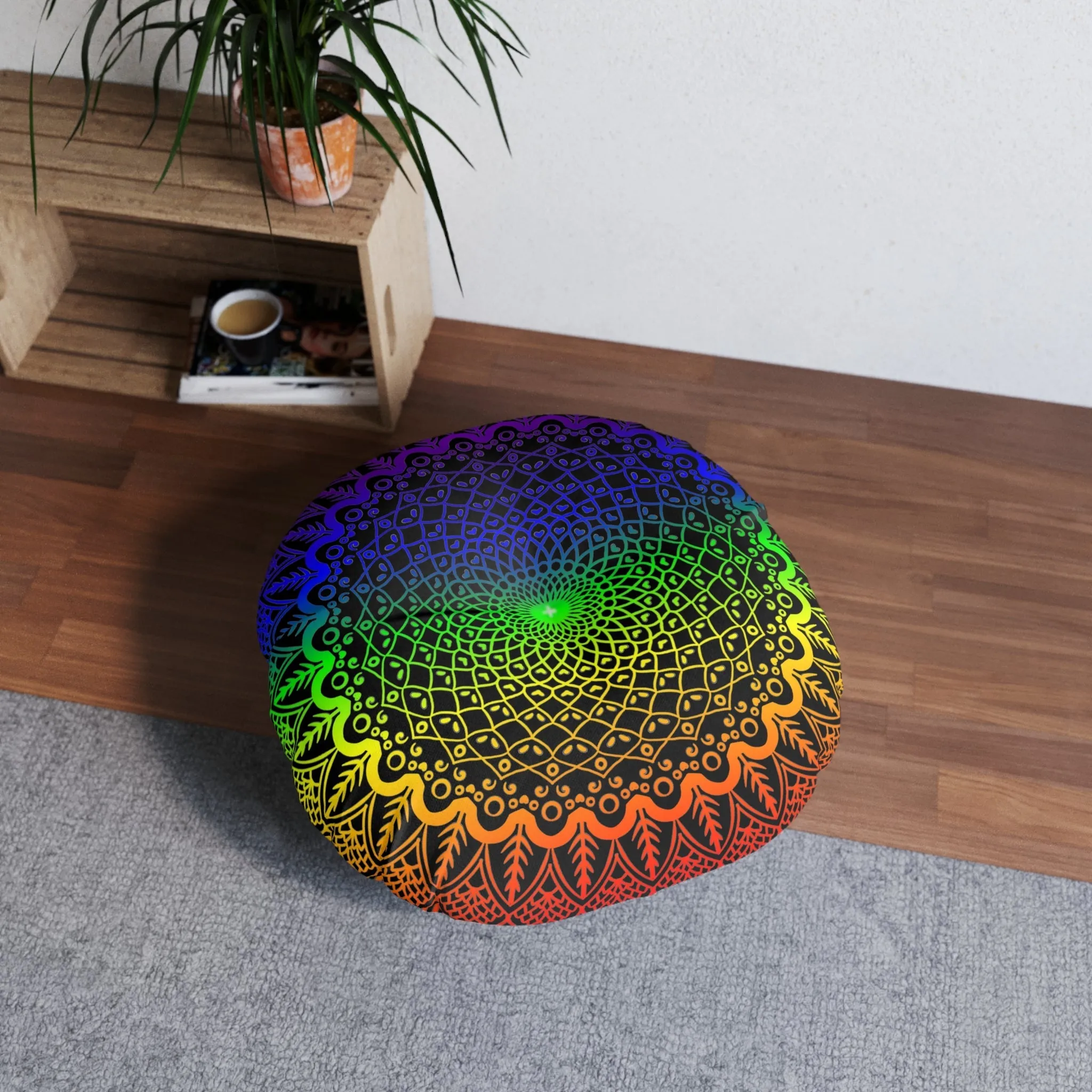 Handmade Mandala Art Floor Cushion - Rainbow on Black - Tufted Round