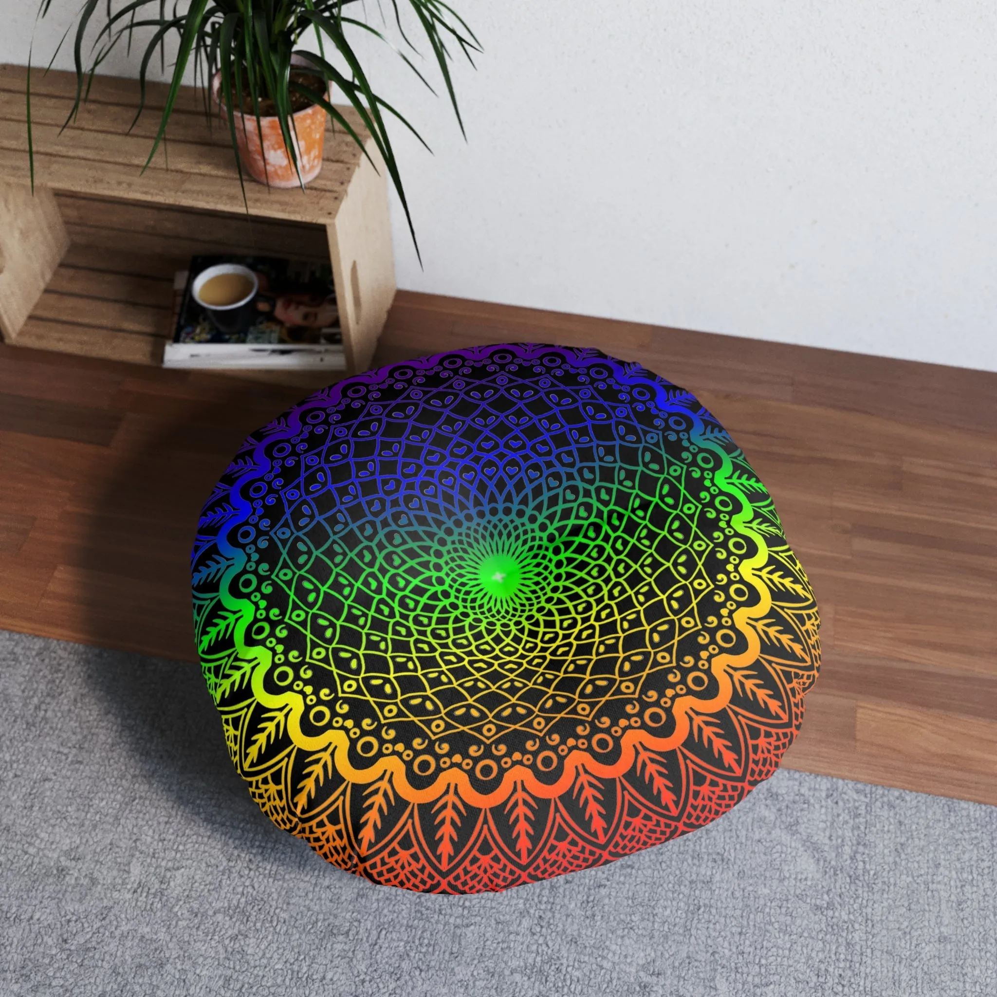 Handmade Mandala Art Floor Cushion - Rainbow on Black - Tufted Round