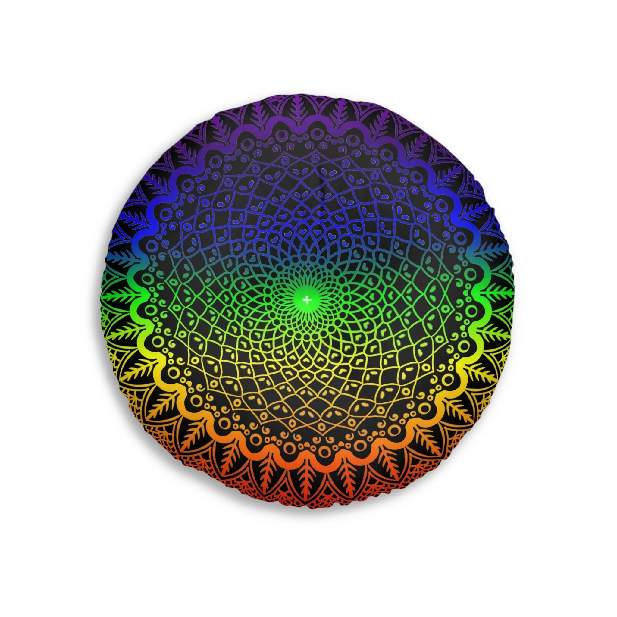 Handmade Mandala Art Floor Cushion - Rainbow on Black - Tufted Round