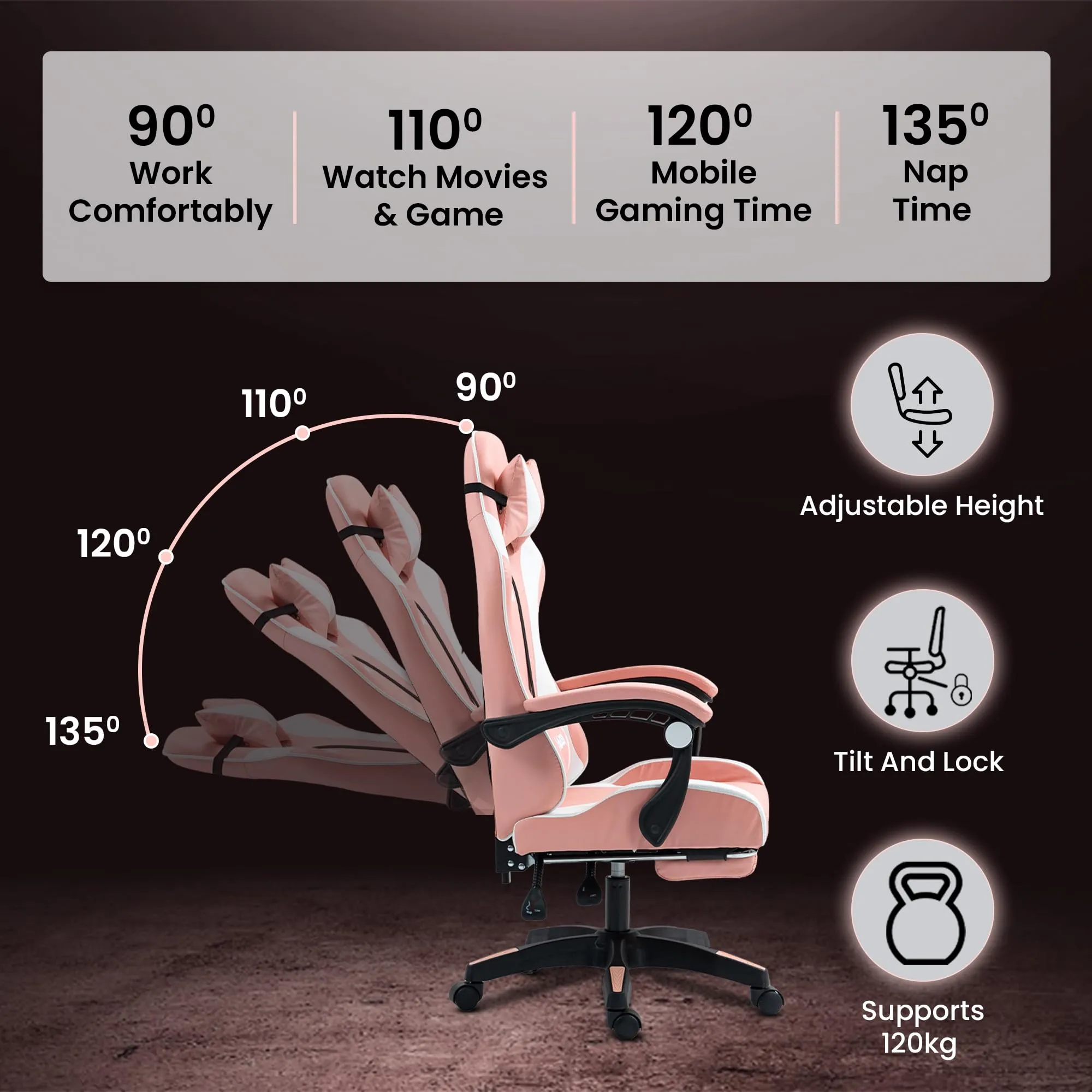 KOZEN Gaming Chair with Retractable Padded Footrest, 135° Recliner Chair with Premium PVC Fabric, Ergonomic Chair, Computer Chair, Class 3 Gas lift, Adjustable Headrest & Lumbar Cushion, Pink, 1