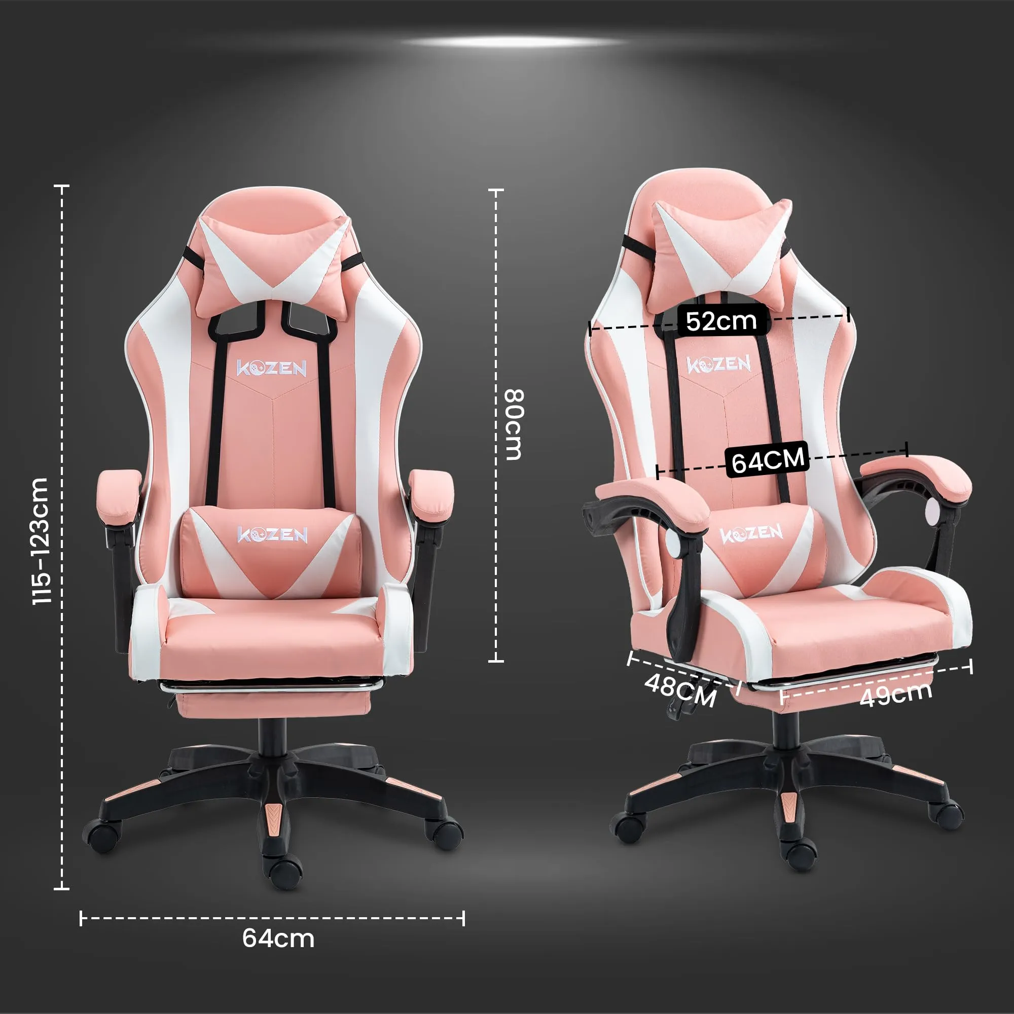 KOZEN Gaming Chair with Retractable Padded Footrest, 135° Recliner Chair with Premium PVC Fabric, Ergonomic Chair, Computer Chair, Class 3 Gas lift, Adjustable Headrest & Lumbar Cushion, Pink, 1