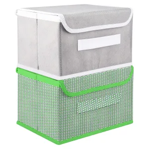 Kuber Industries Drawer Storage Box | Foldable Dhakkan Storage Box | Non-Woven Clothes Organizer For Toys | Storage Box with Handle | Medium | Pack of 2 | Green & Gray