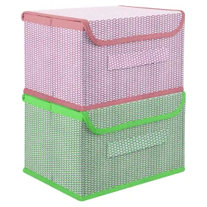 Kuber Industries Drawer Storage Box | Foldable Dhakkan Storage Box | Non-Woven Clothes Organizer For Toys | Storage Box with Handle | Small | Pack of 2 | Green & Pink