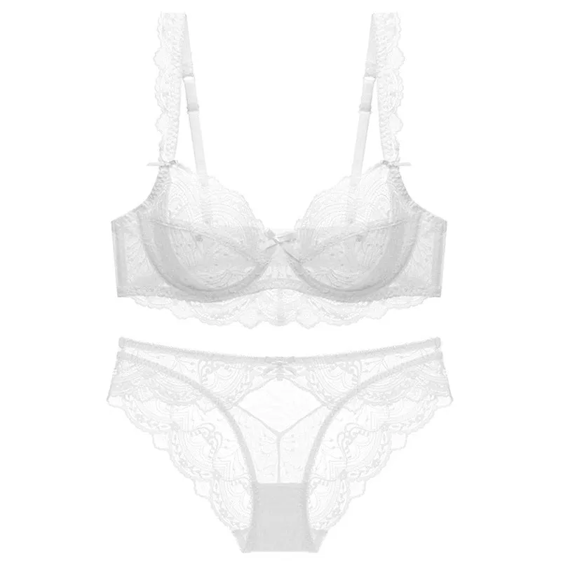 New Sexy Transparent Solid Bow Back Closure Ladies Ultrathin Lace ABCDE Cup Bra Briefs Lingerie Set