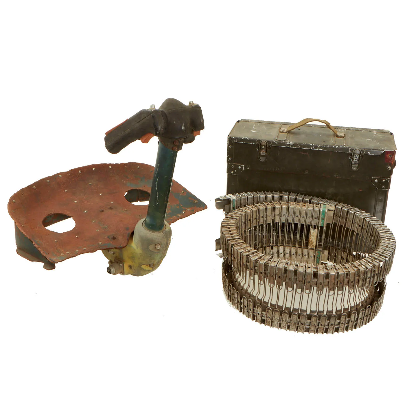 Original U.S. WWII B-24 Bombardier Chin Turret Seat With .50 Cal Ammunition Box And Flexible Feed Chute - 3 Items