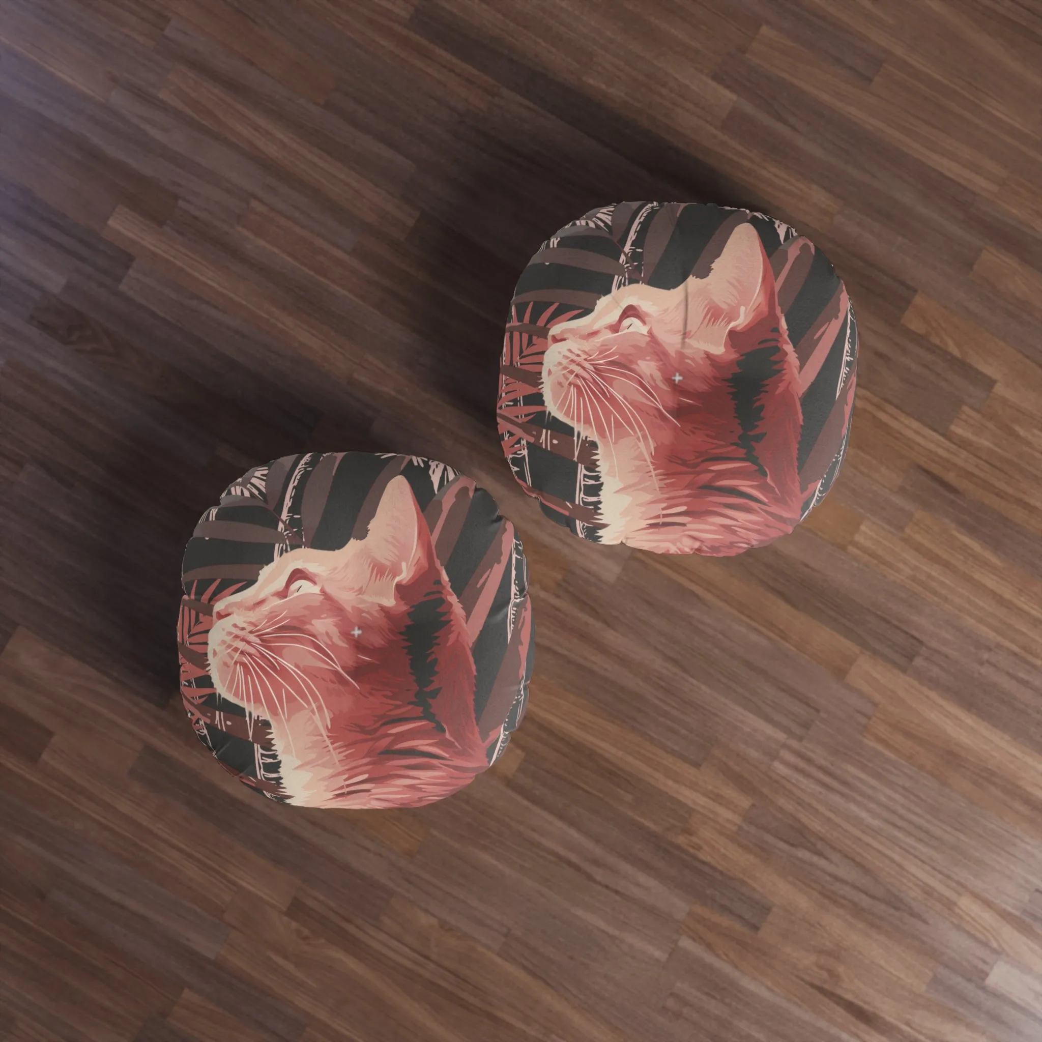 Pink Cat Mandala Art Tufted Floor Cushion - Round Palm Trees Pillow