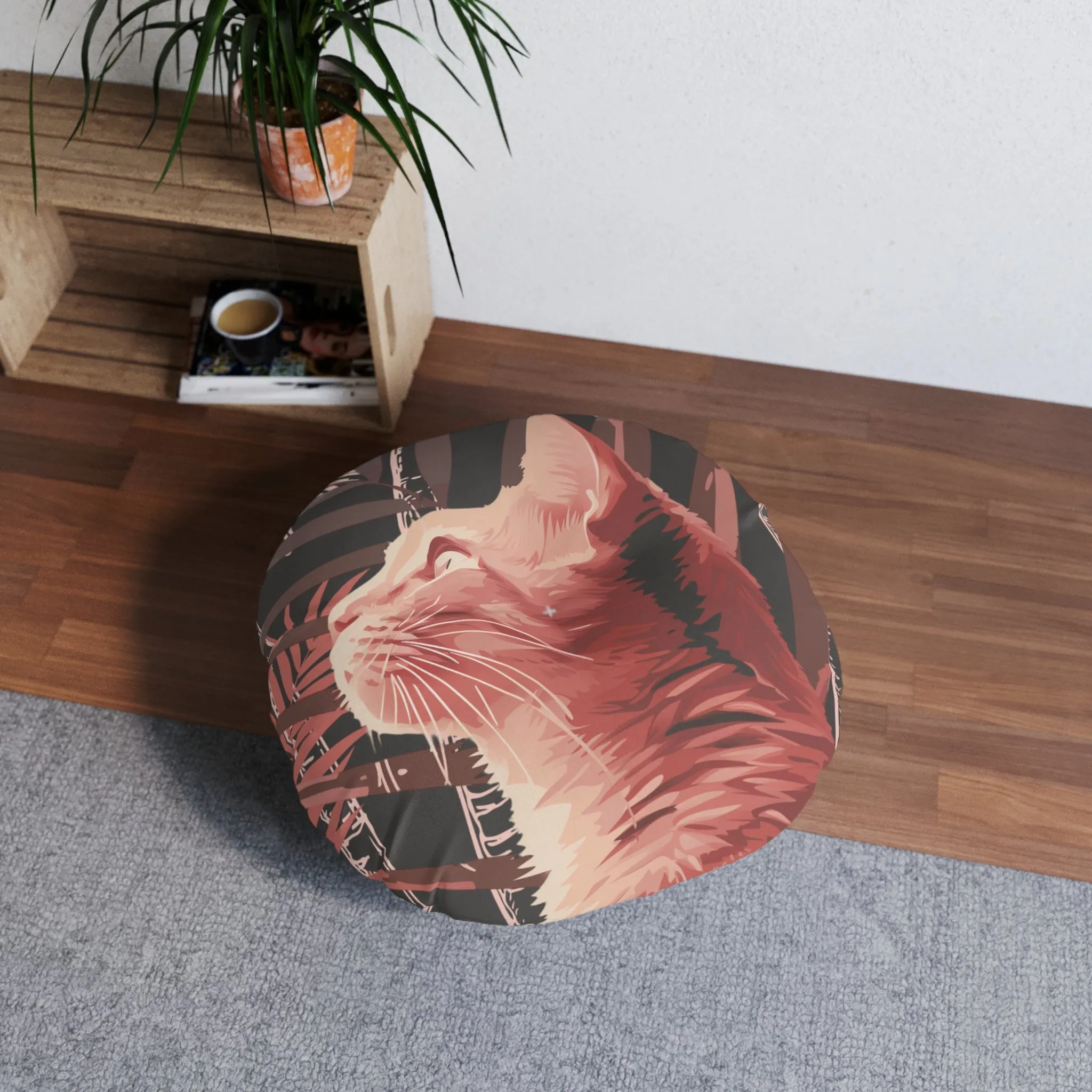 Pink Cat Mandala Art Tufted Floor Cushion - Round Palm Trees Pillow