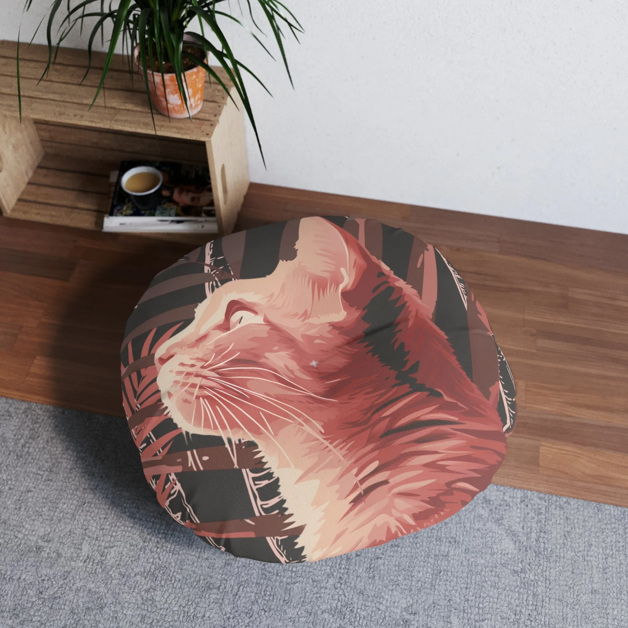 Pink Cat Mandala Art Tufted Floor Cushion - Round Palm Trees Pillow