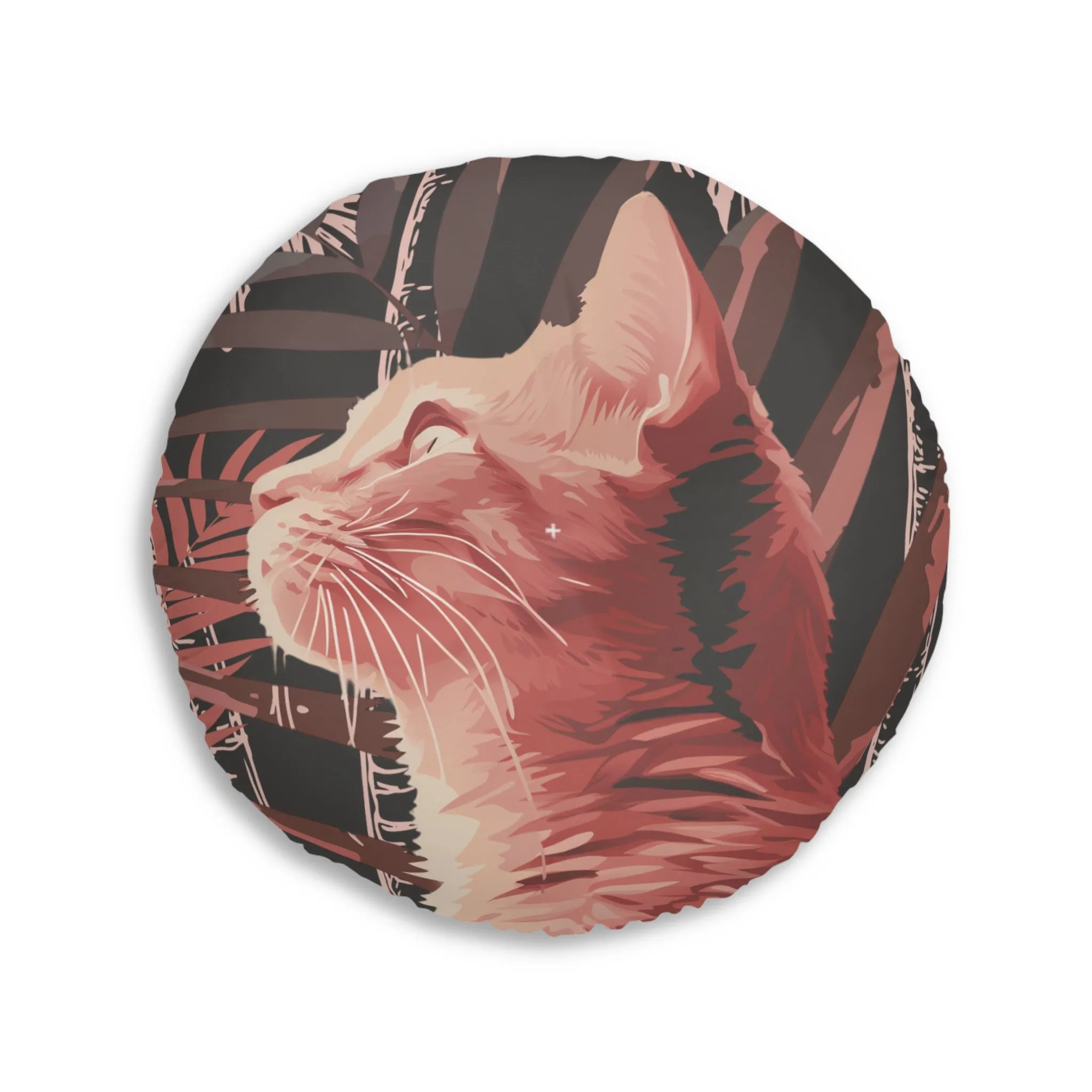 Pink Cat Mandala Art Tufted Floor Cushion - Round Palm Trees Pillow