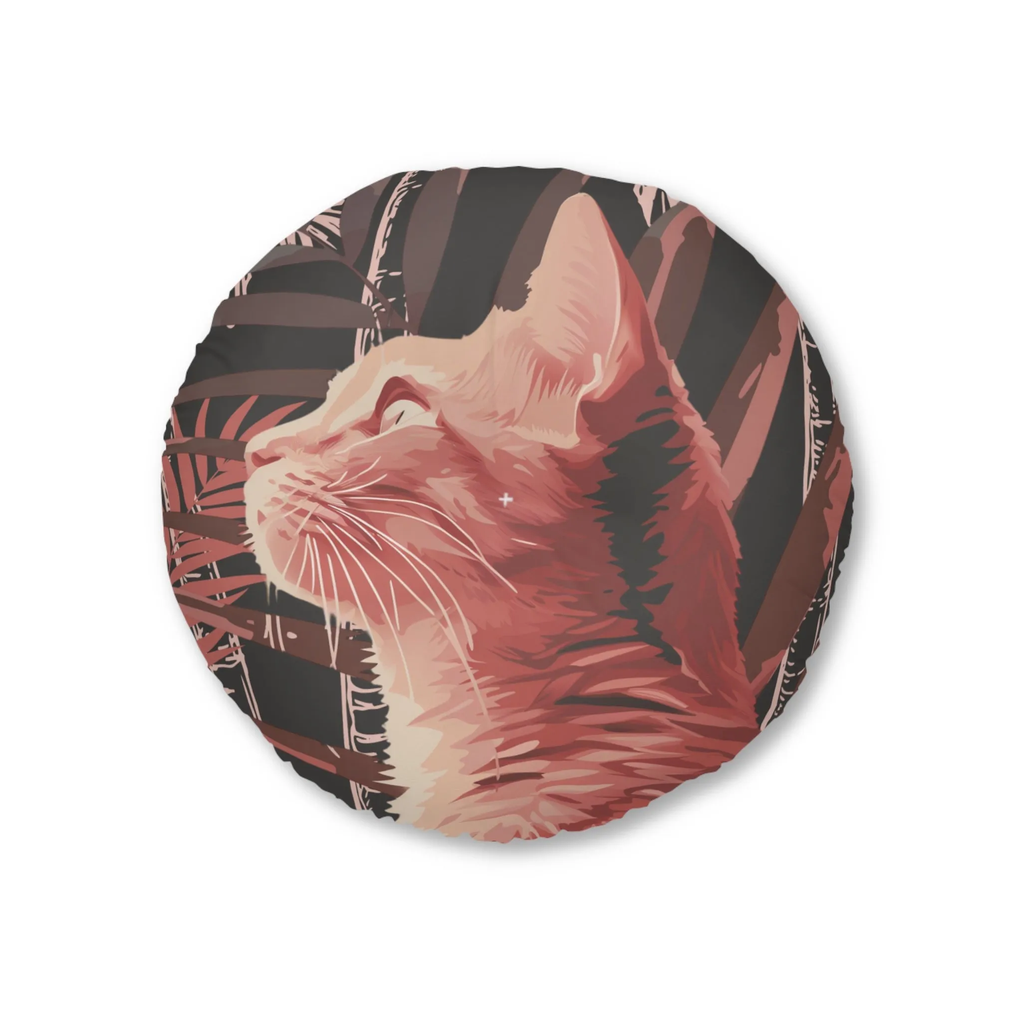 Pink Cat Mandala Art Tufted Floor Cushion - Round Palm Trees Pillow