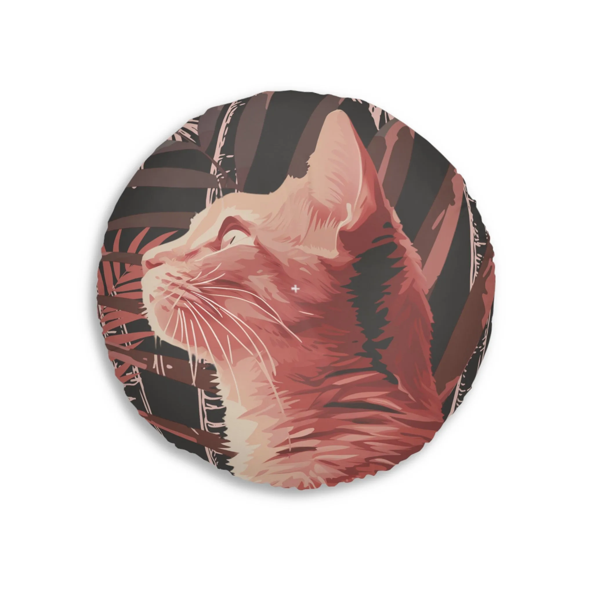 Pink Cat Mandala Art Tufted Floor Cushion - Round Palm Trees Pillow