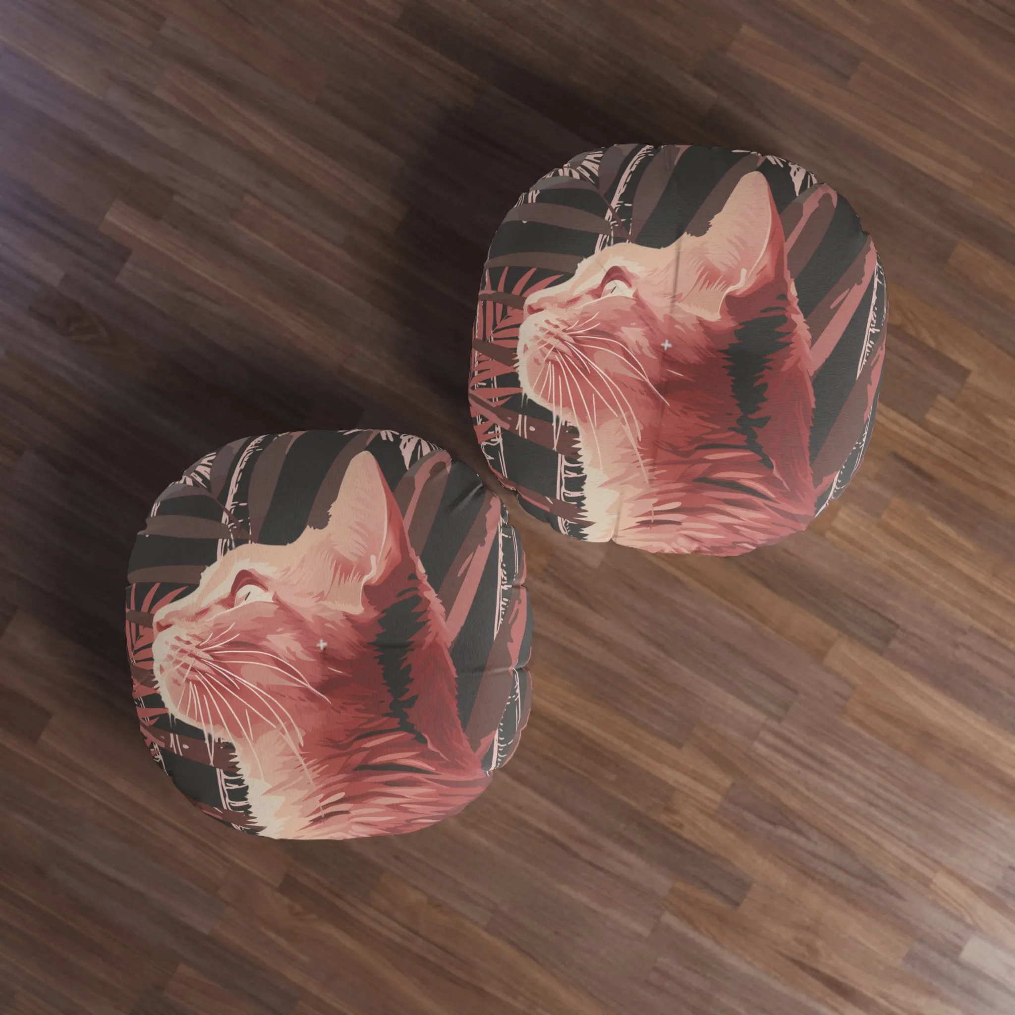 Pink Cat Mandala Art Tufted Floor Cushion - Round Palm Trees Pillow