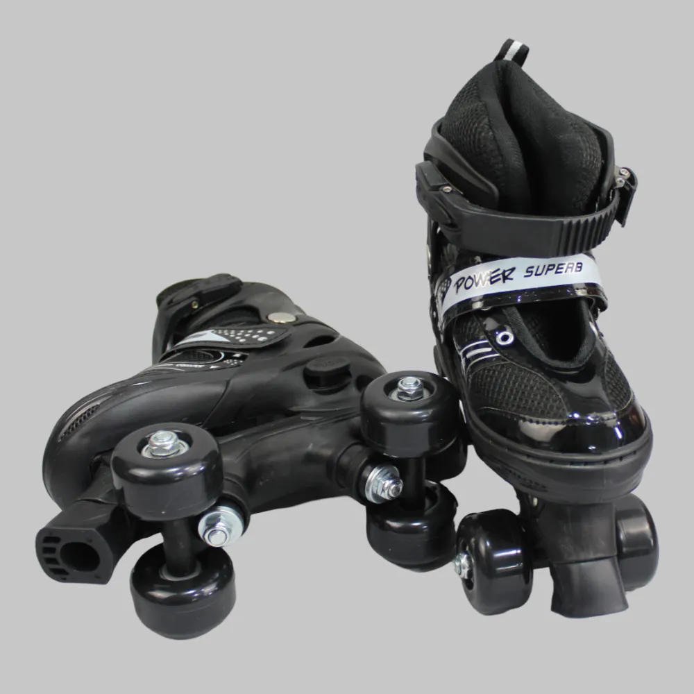 Power Superb Adjustable Roller Skate Shoes 2-Rows 4-Wheels (Small, Black)