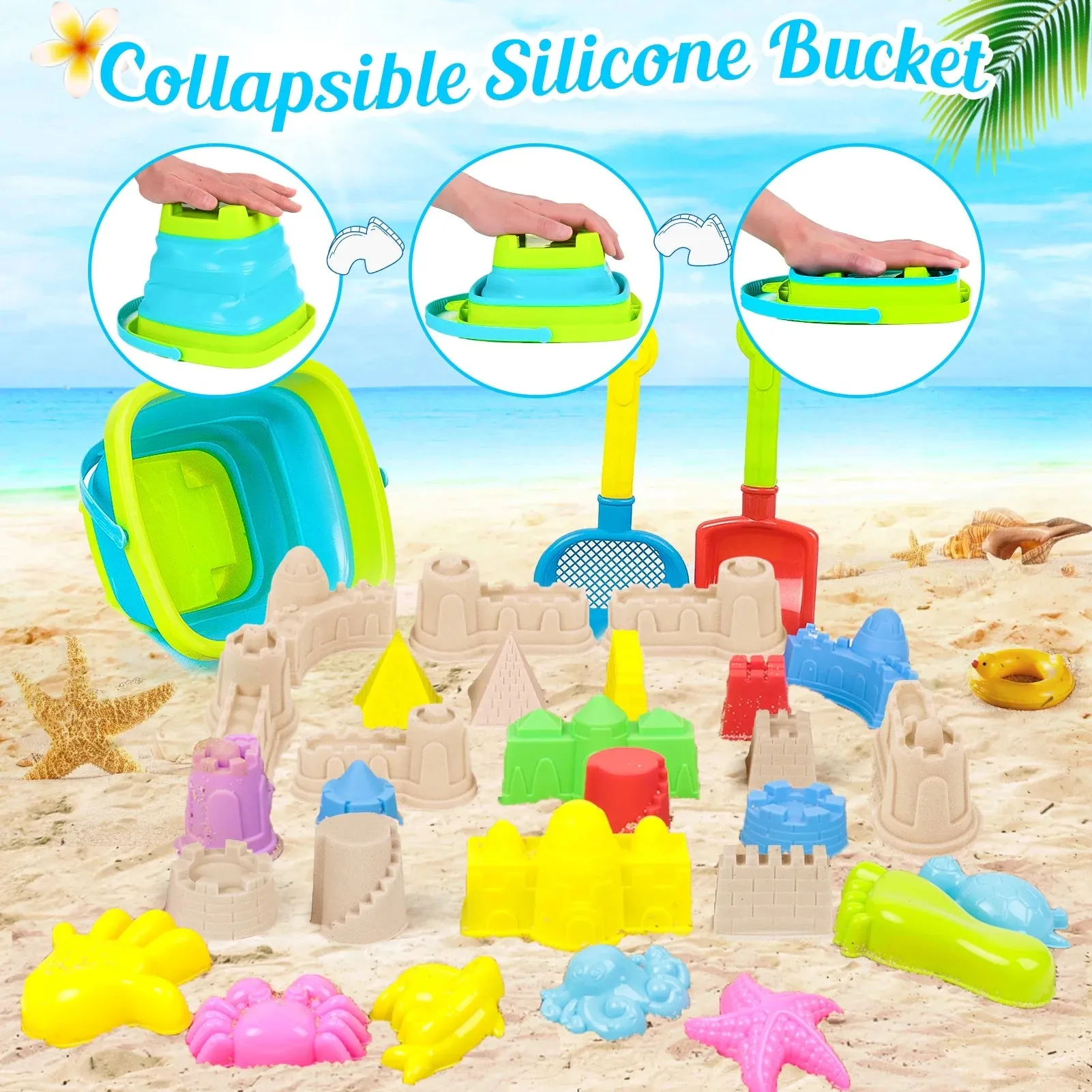 Sand Toys 35Pcs Beach Toys Sandbox Toys with Collapsible Sand Bucket& Mesh Beach Toy Bag, 4 Sand Tools, 18 Sand Molds, Sand Castle Kit for Girls Kids Ages 3-12