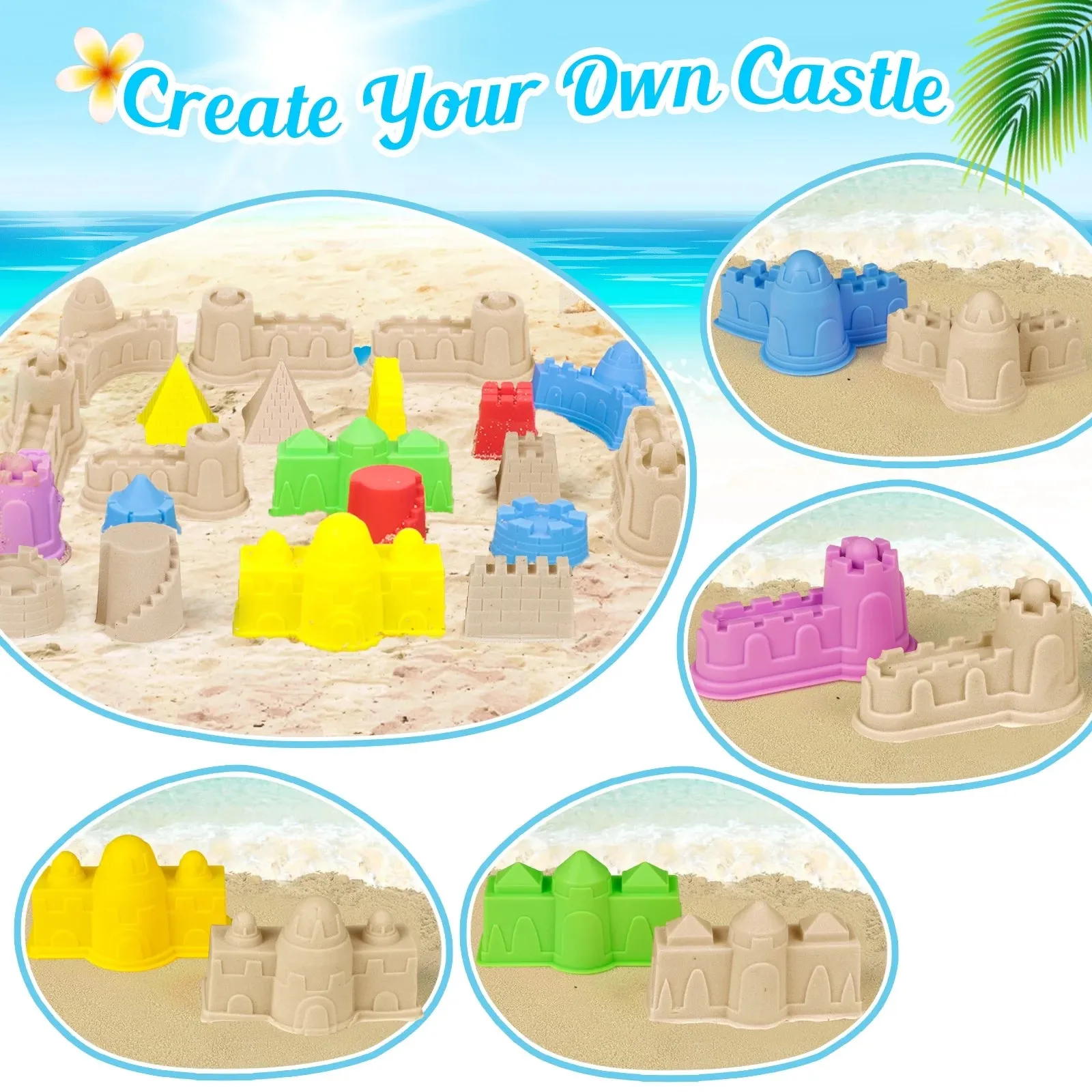 Sand Toys 35Pcs Beach Toys Sandbox Toys with Collapsible Sand Bucket& Mesh Beach Toy Bag, 4 Sand Tools, 18 Sand Molds, Sand Castle Kit for Girls Kids Ages 3-12