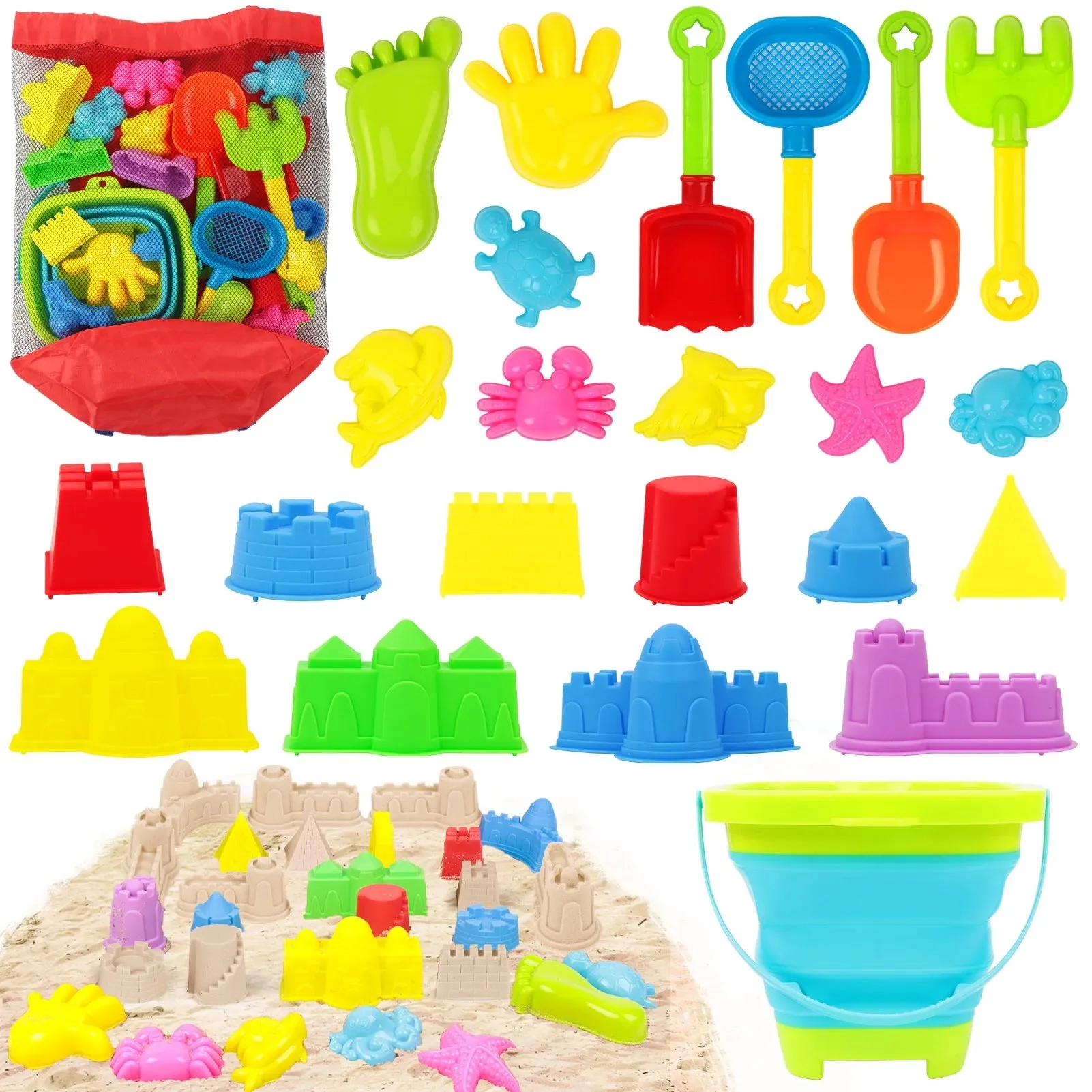 Sand Toys 35Pcs Beach Toys Sandbox Toys with Collapsible Sand Bucket& Mesh Beach Toy Bag, 4 Sand Tools, 18 Sand Molds, Sand Castle Kit for Girls Kids Ages 3-12