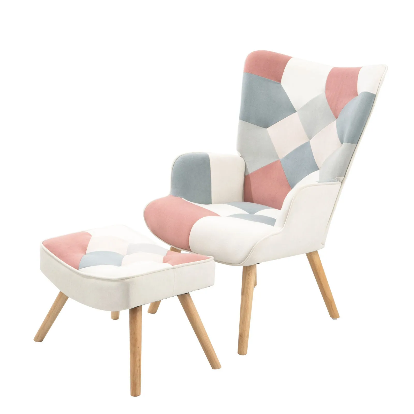 Spliced Cloth Upholstered Accent Chair and Ottoman, Pink and Blue