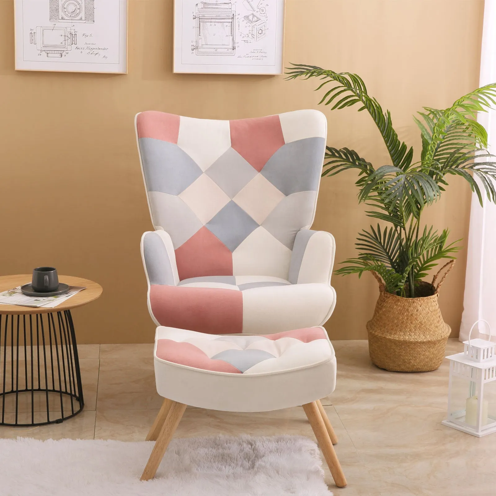 Spliced Cloth Upholstered Accent Chair and Ottoman, Pink and Blue