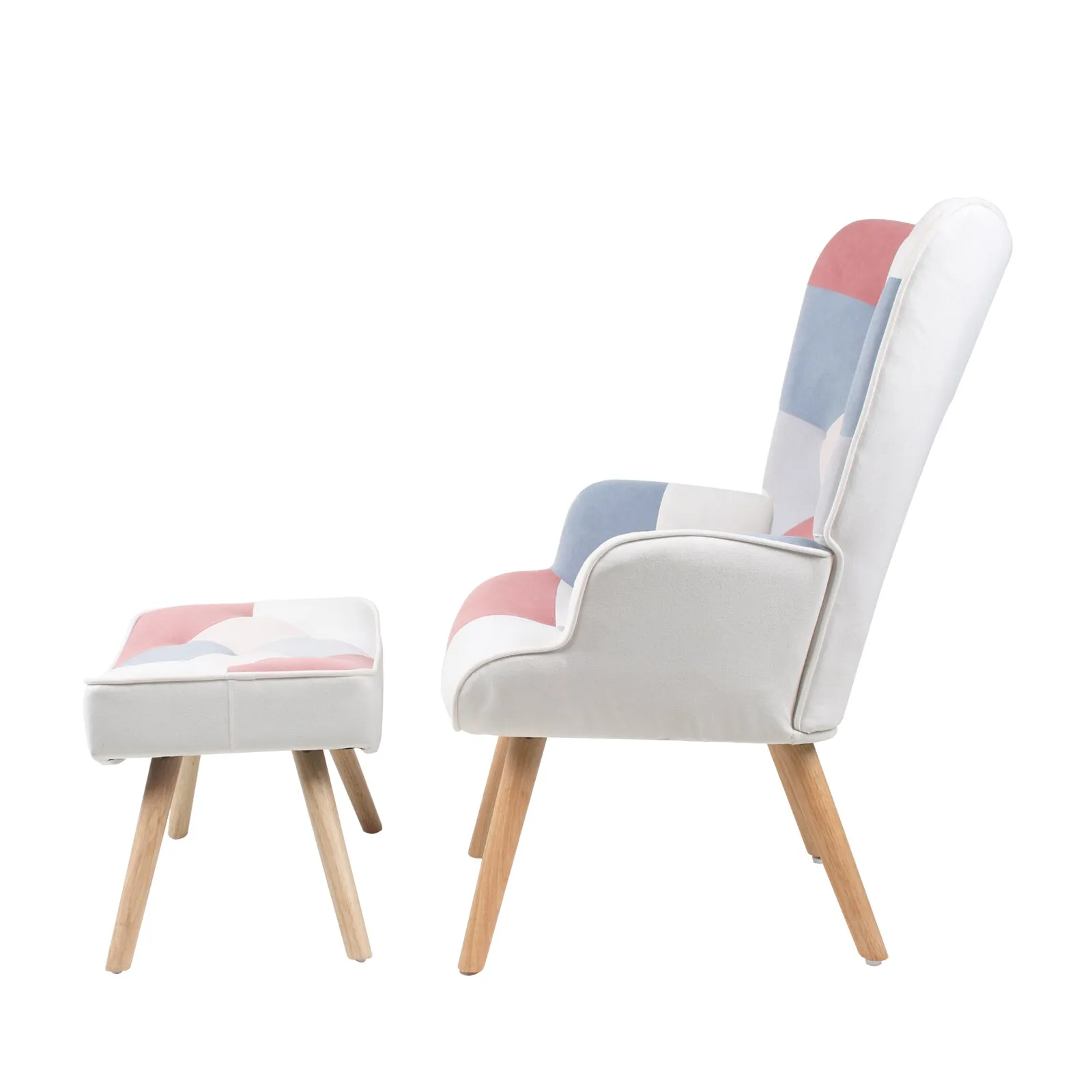 Spliced Cloth Upholstered Accent Chair and Ottoman, Pink and Blue