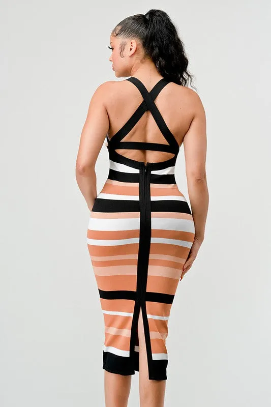 TEEK - MULTISTRIPE BANDAGE MIDI DRESS