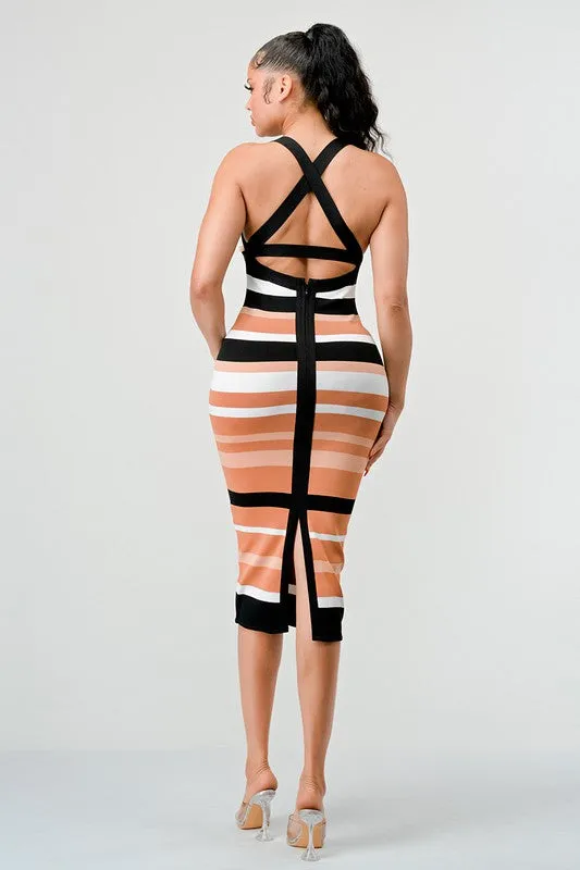 TEEK - MULTISTRIPE BANDAGE MIDI DRESS