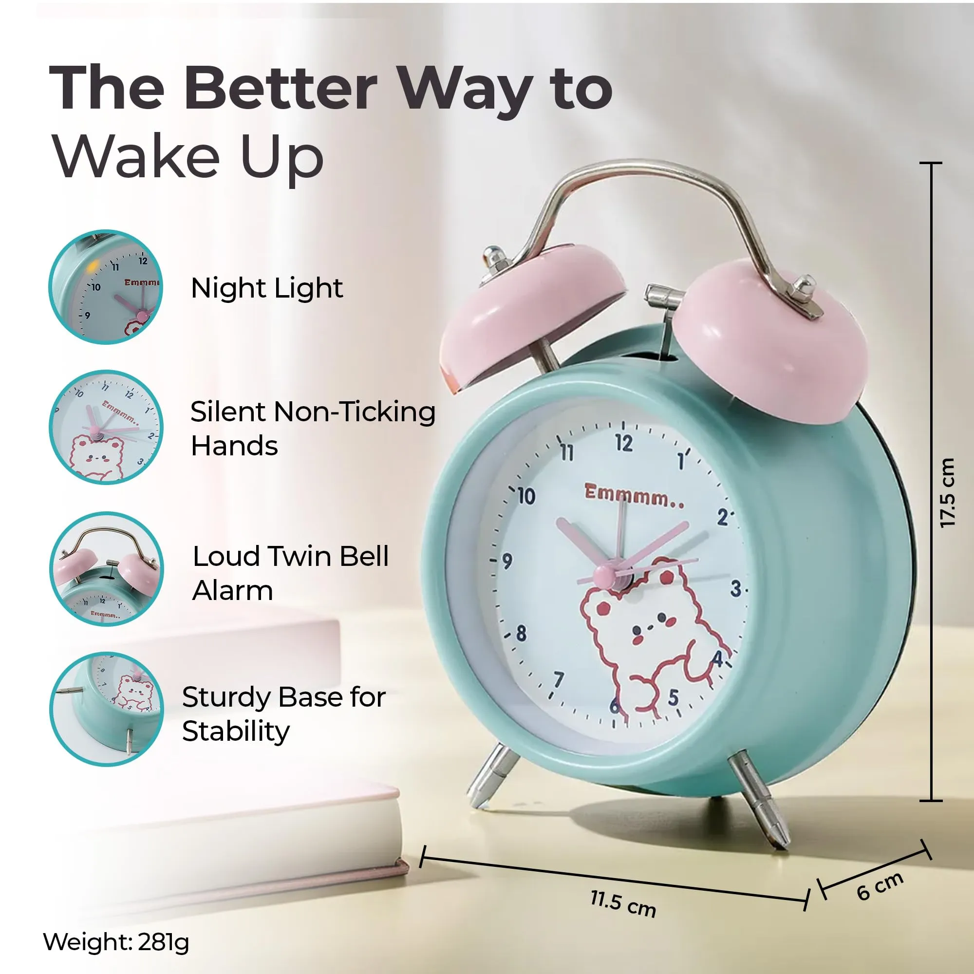 The Better Home Alarm Clock (10cm) |Alarm Clock For Students |Loud Alarm Clock For Heavy Sleepers |Mini Alarm Clock For Kids |Alarm Clock For Bedroom |Twin Bell Table Clock For Study Table-Light Green