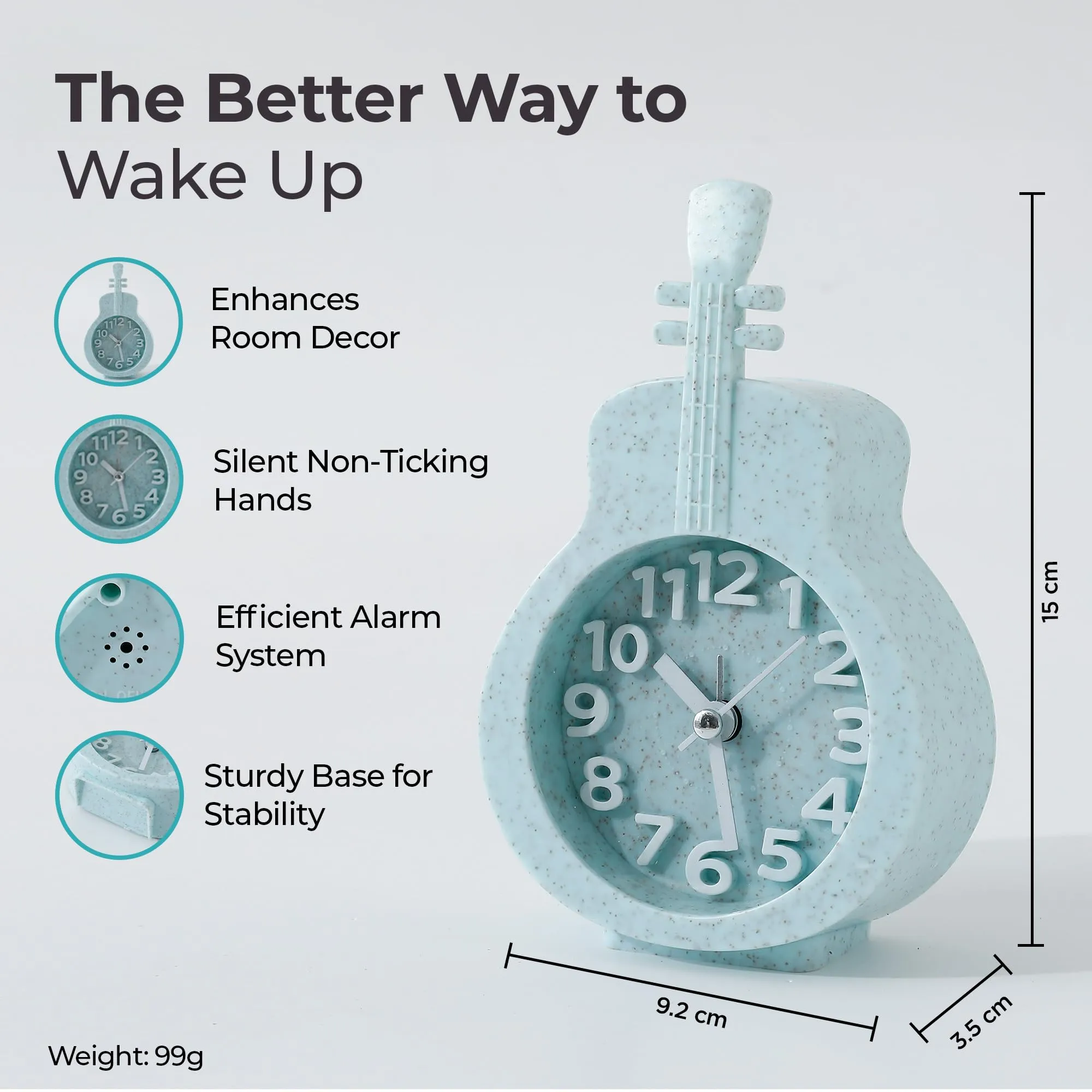 The Better Home Alarm Clock (15cm) |Alarm Clock for Students |Alarm Clock for Bedroom|Loud Alarm Clock for Heavy Sleepers |Mini Alarm Clock for Kids |Violin Shaped Table Clock for Study Table-Green