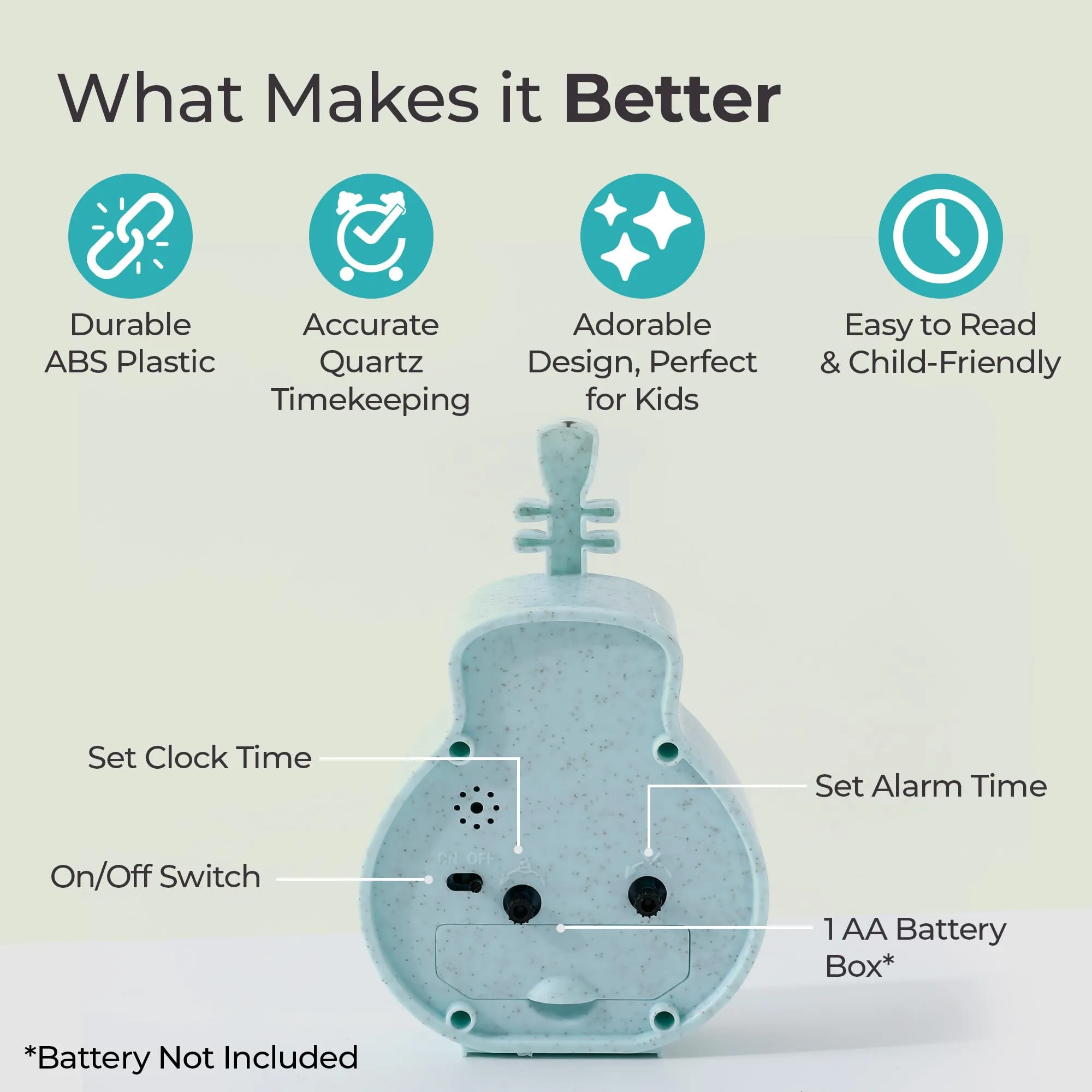 The Better Home Alarm Clock (15cm) |Alarm Clock for Students |Alarm Clock for Bedroom|Loud Alarm Clock for Heavy Sleepers |Mini Alarm Clock for Kids |Violin Shaped Table Clock for Study Table-Green