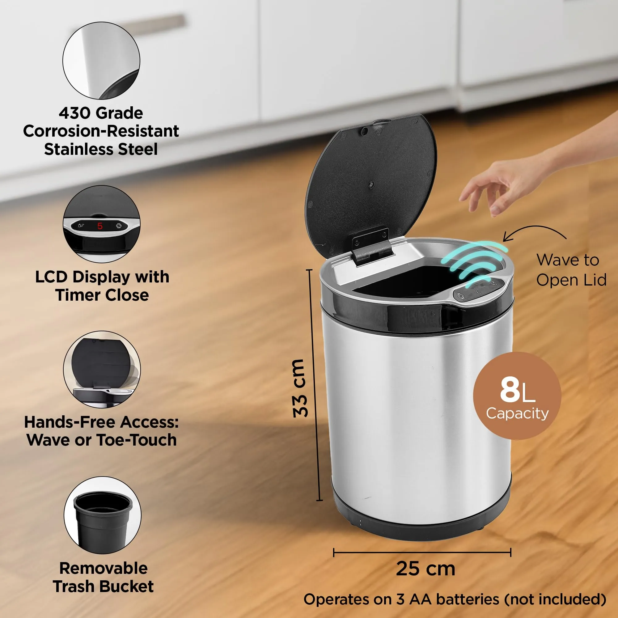 UMAI Round Stainless Steel Dustbin | 8L | Automatic Dustbin With Inner Bucket | Dustbin With Lid & LCD Display | Dustbin For Kitchen | Dustbin For Bathroom/Home & Office | CE & ROHS Certified | Silver