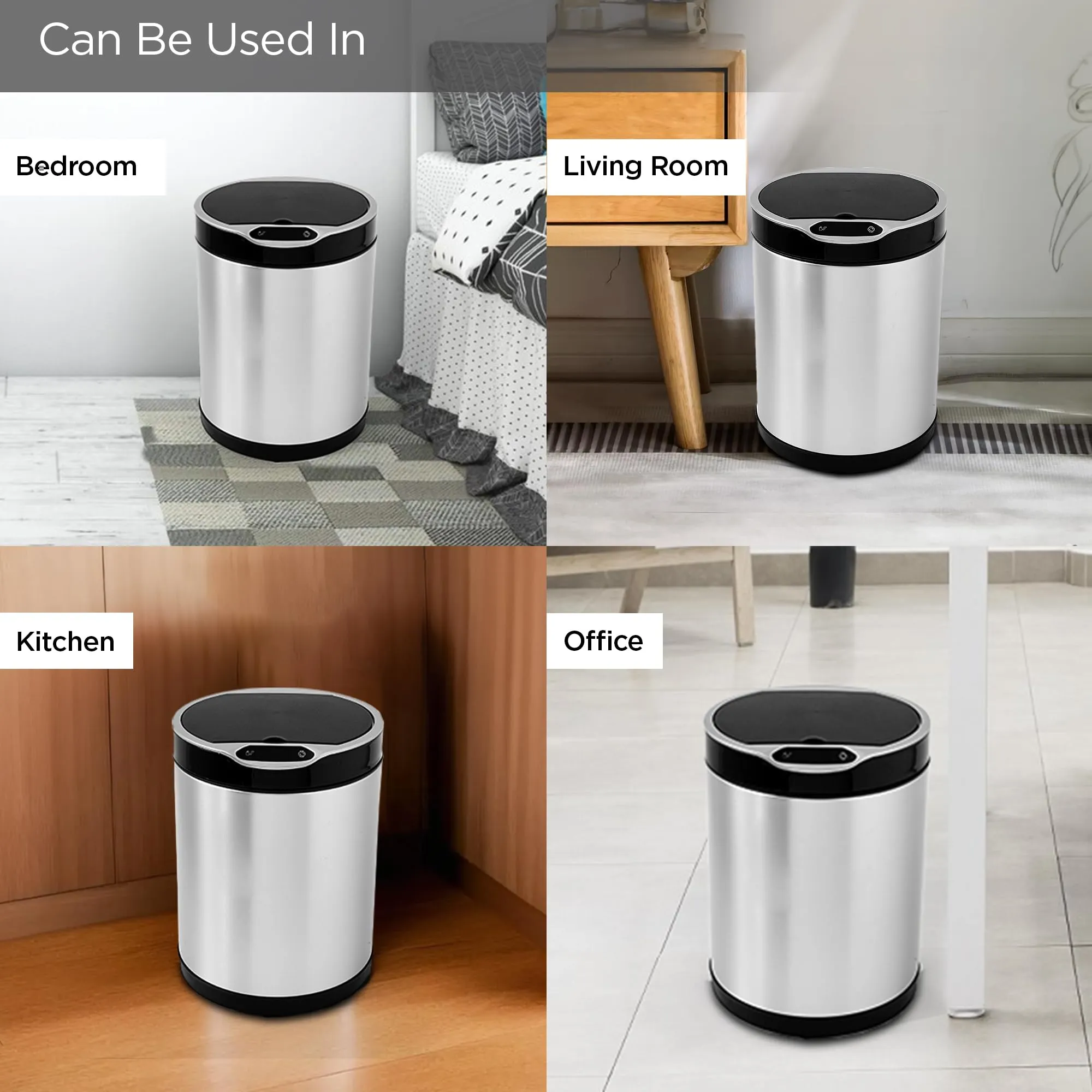 UMAI Round Stainless Steel Dustbin | 8L | Automatic Dustbin With Inner Bucket | Dustbin With Lid & LCD Display | Dustbin For Kitchen | Dustbin For Bathroom/Home & Office | CE & ROHS Certified | Silver