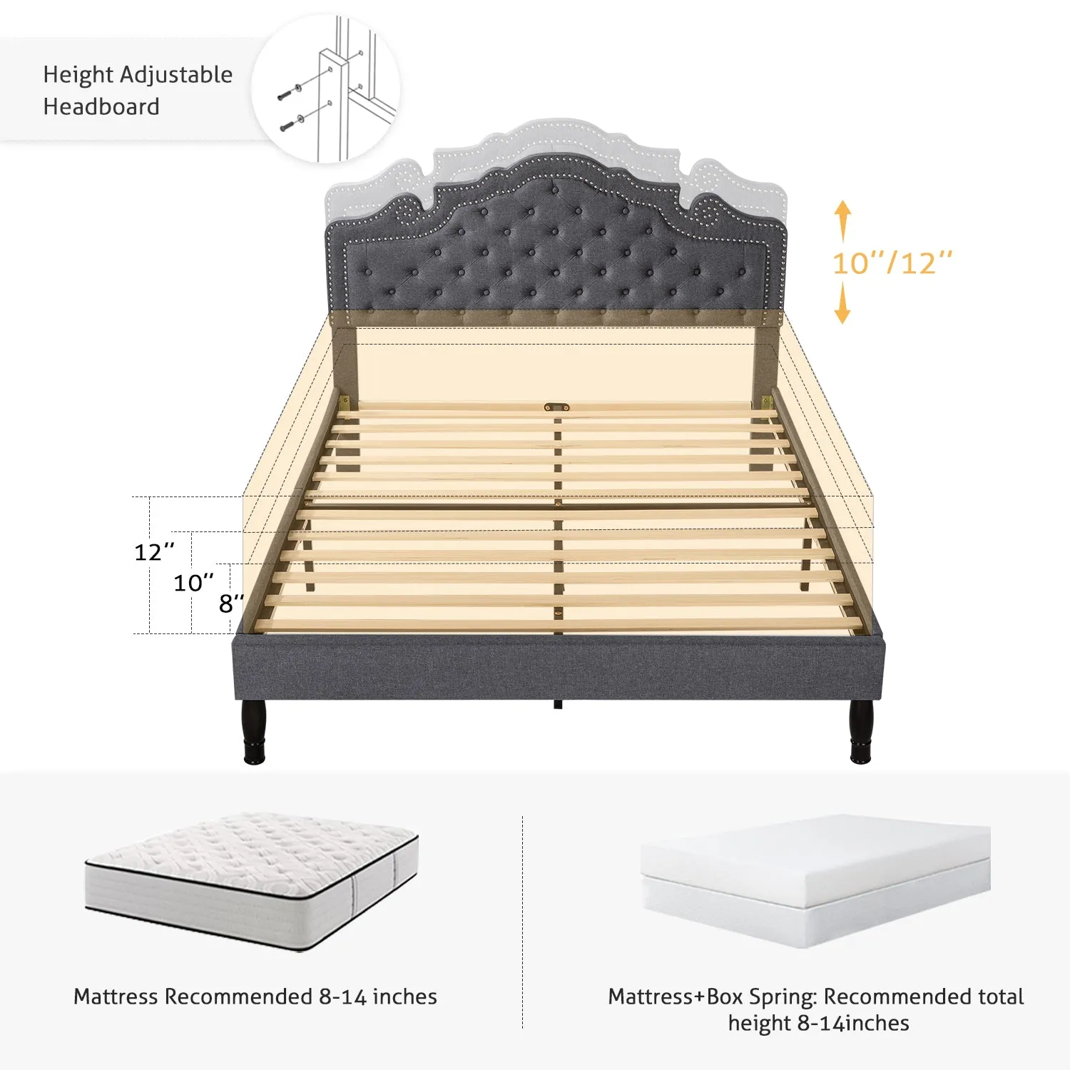 Upholstered Bed with Adjustable Headboard, Crown Bed, Diamond Button Tufted