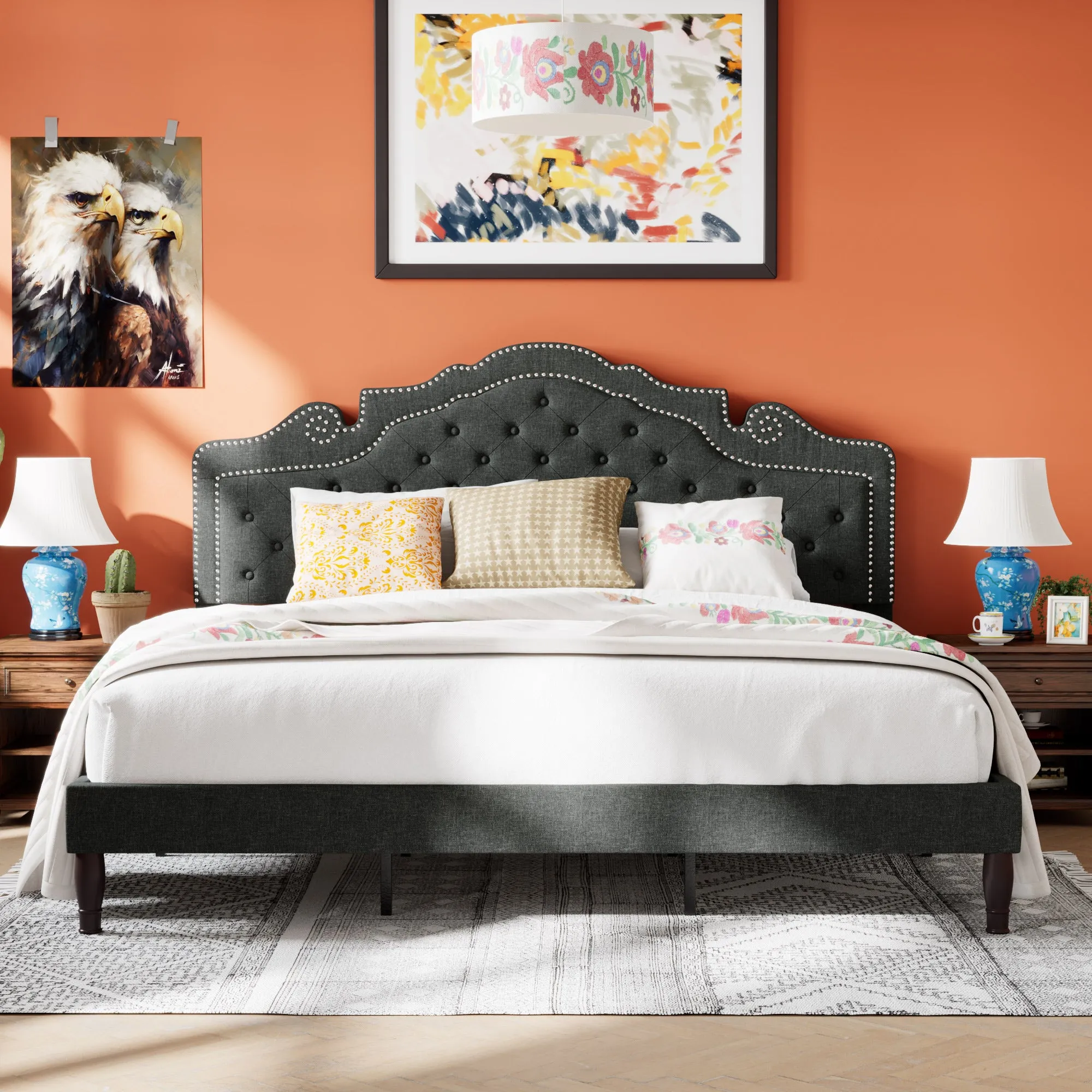 Upholstered Bed with Adjustable Headboard, Crown Bed, Diamond Button Tufted