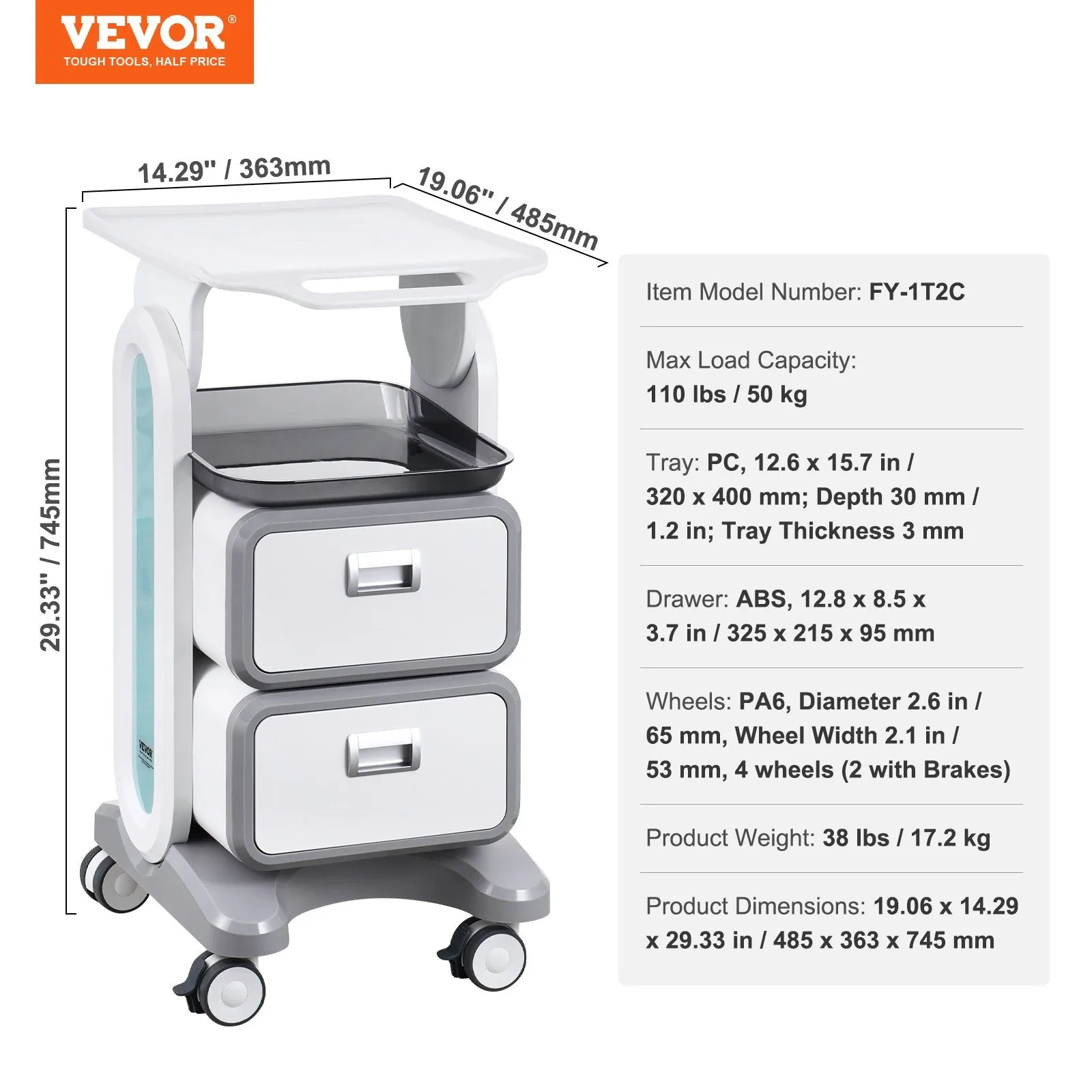 Vevor Lab Cart 3-Tier Mobile Medical Cart 110 Lbs Capacity with 2 Drawers and Large Top Tray White New