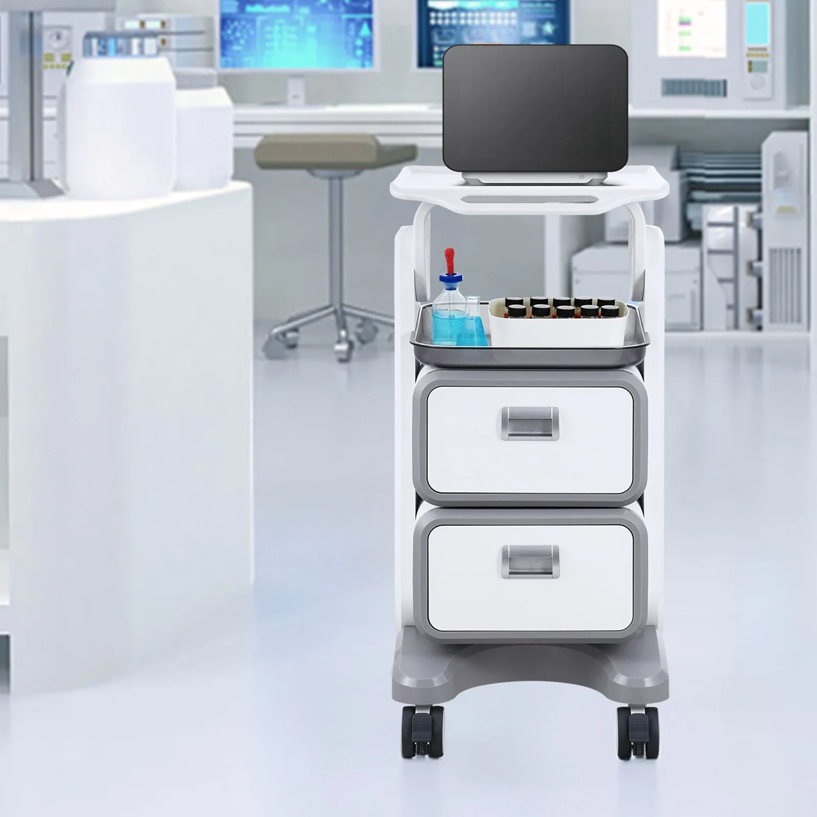 Vevor Lab Cart 3-Tier Mobile Medical Cart 110 Lbs Capacity with 2 Drawers and Large Top Tray White New