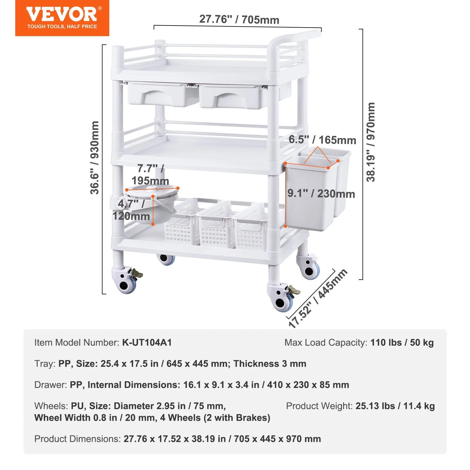 Vevor Lab Cart 3-Tier Mobile Medical Cart 110 Lbs Capacity with 3 Trays and Dual Drawers White New