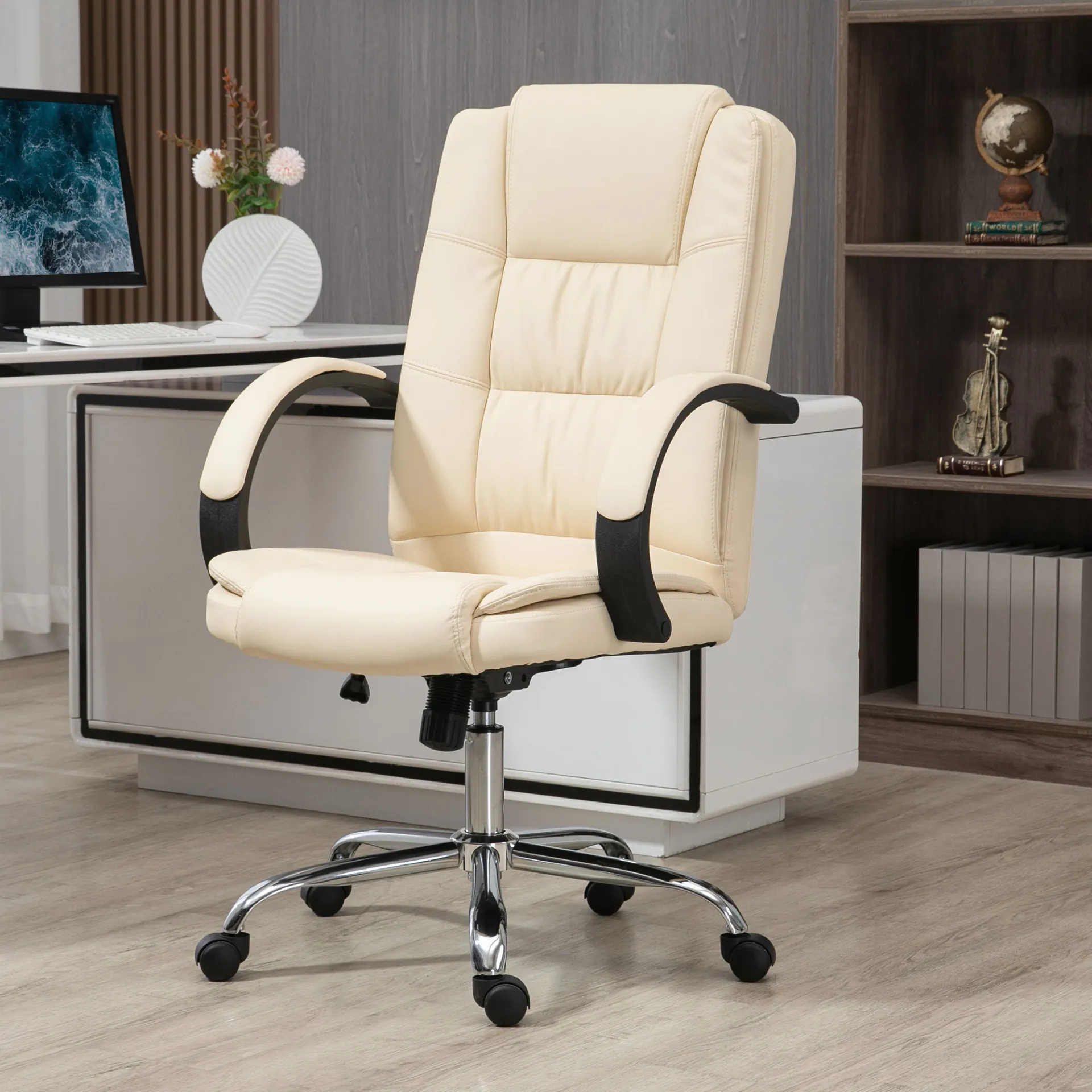 Vinsetto High Back Executive Office Chair - Ergonomic PU Leather Swivel Chair with Padded Armrests, Adjustable Height, and Tilt Function - Beige